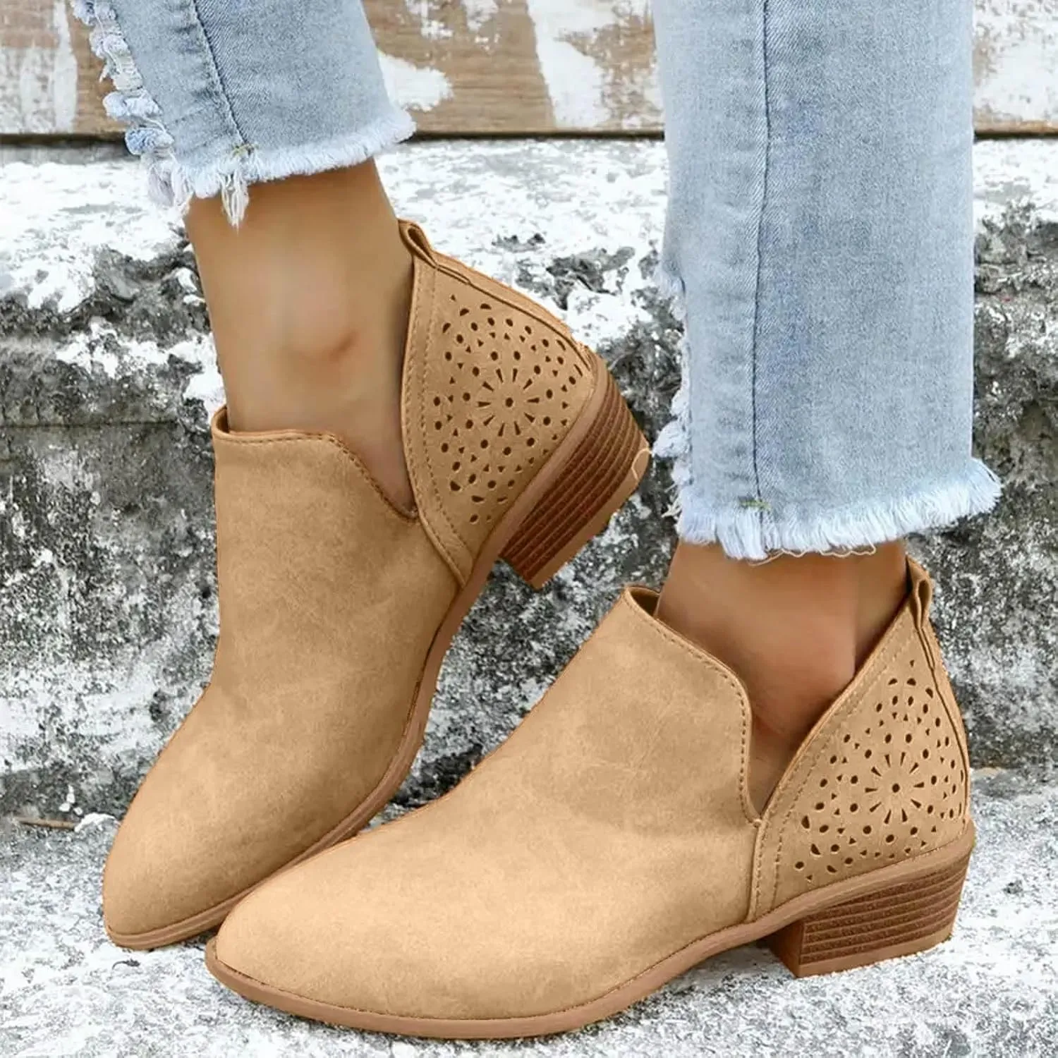 AMDBEL Fall Boots for Women 2024 Ankle Booties Low Heel Short Boots Chelsea Boots Hollow Out Pointd Toe Fall Winter Shoes