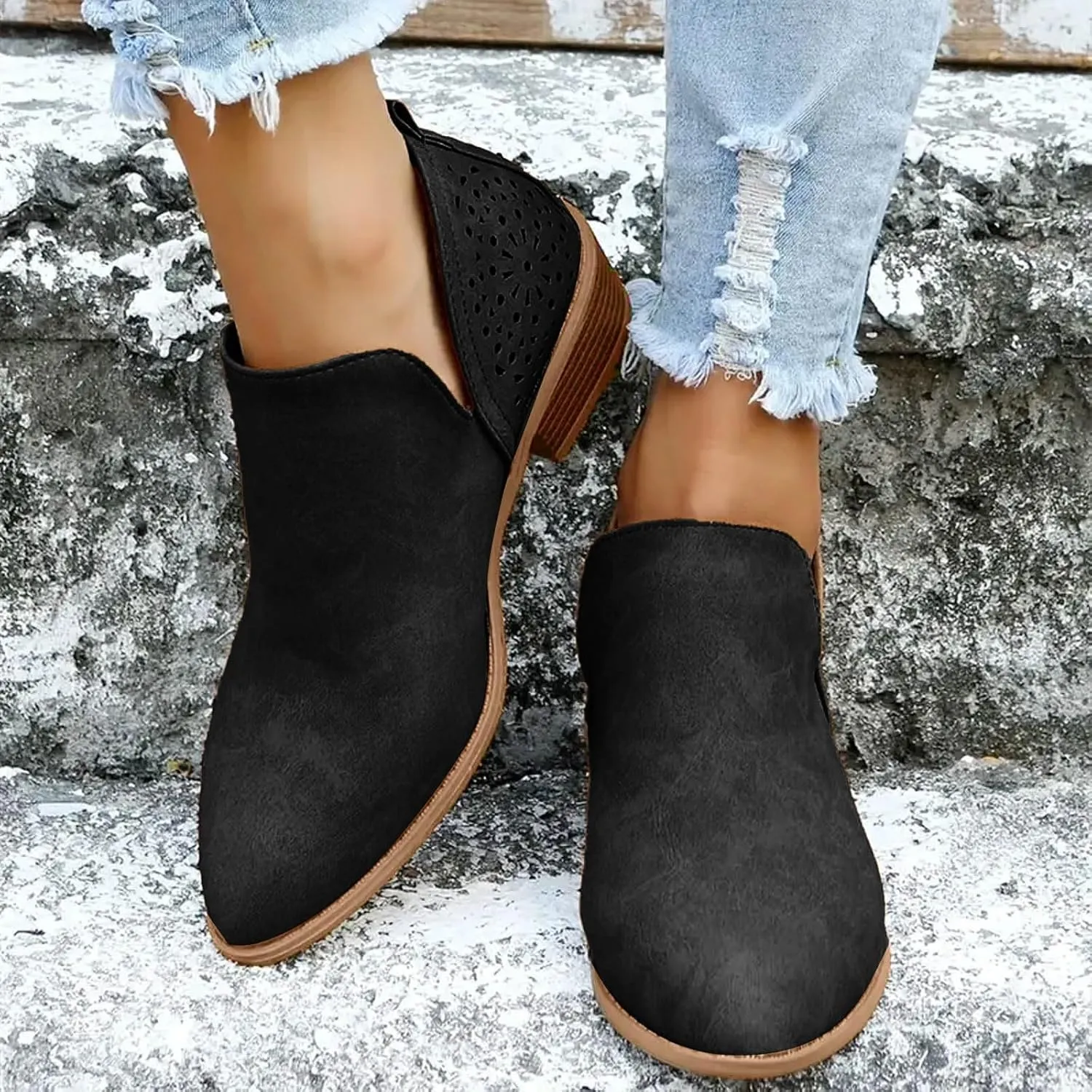 AMDBEL Fall Boots for Women 2024 Ankle Booties Low Heel Short Boots Chelsea Boots Hollow Out Pointd Toe Fall Winter Shoes