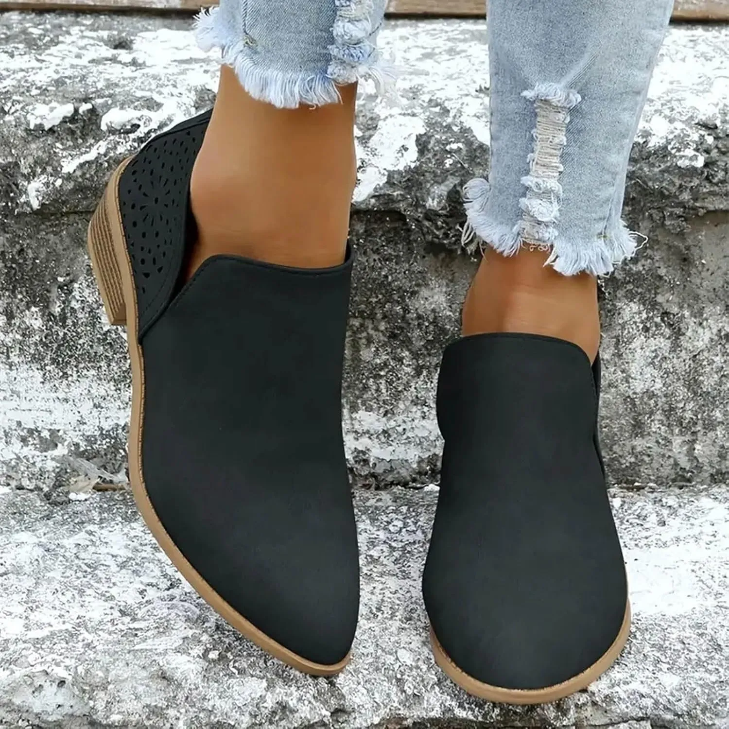 AMDBEL Fall Boots for Women 2024 Ankle Booties Low Heel Short Boots Chelsea Boots Hollow Out Pointd Toe Fall Winter Shoes