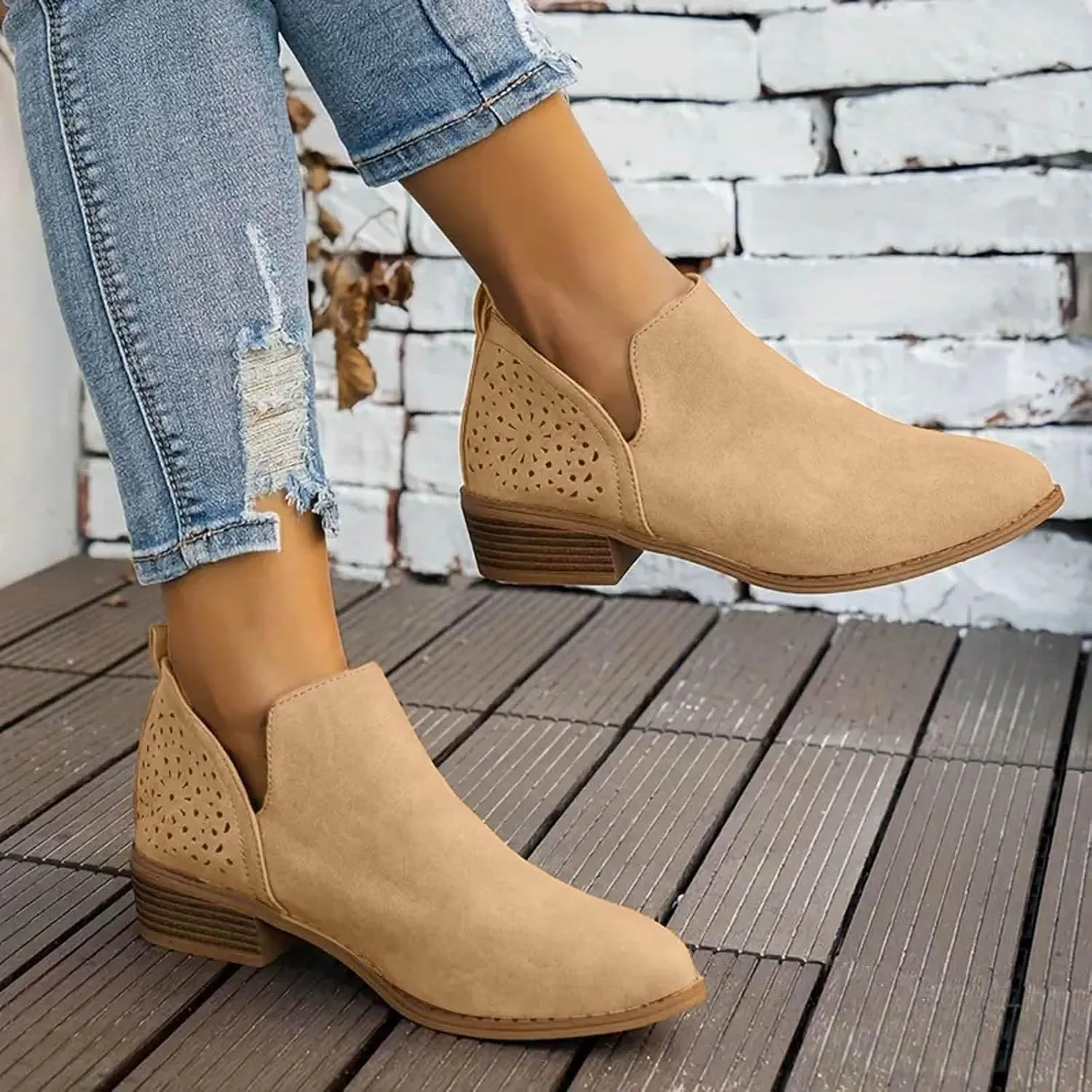 AMDBEL Fall Boots for Women 2024 Ankle Booties Low Heel Short Boots Chelsea Boots Hollow Out Pointd Toe Fall Winter Shoes