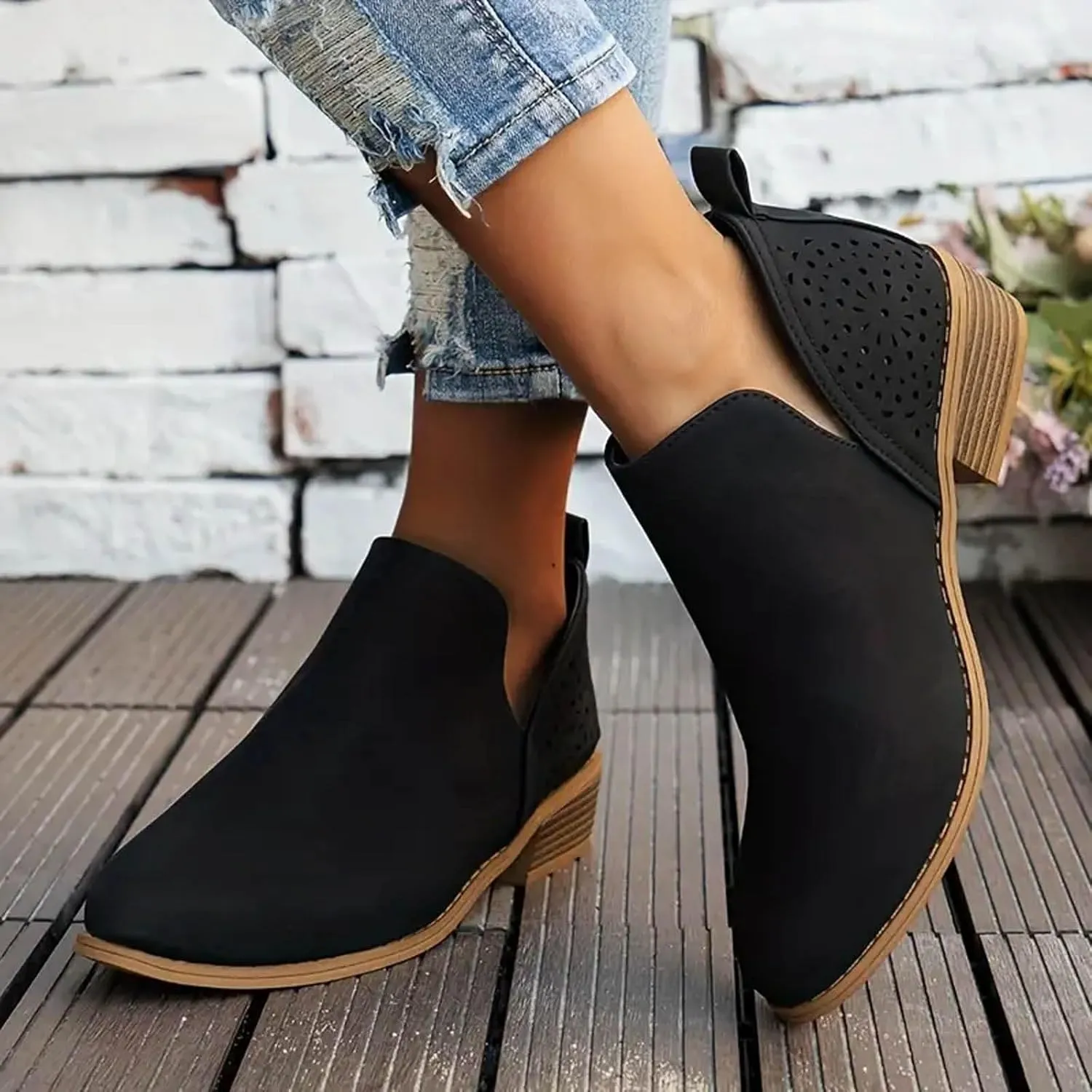 AMDBEL Fall Boots for Women 2024 Ankle Booties Low Heel Short Boots Chelsea Boots Hollow Out Pointd Toe Fall Winter Shoes