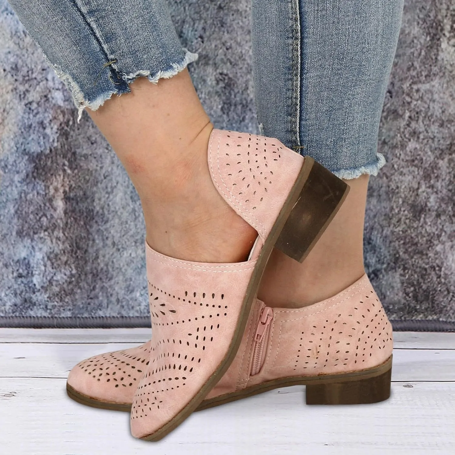 AMDBEL Fall Boots for Women 2024 Low Heel Pointed Toe Chunky Block Hollow Out Winter Fall Side Zipper Short Booties