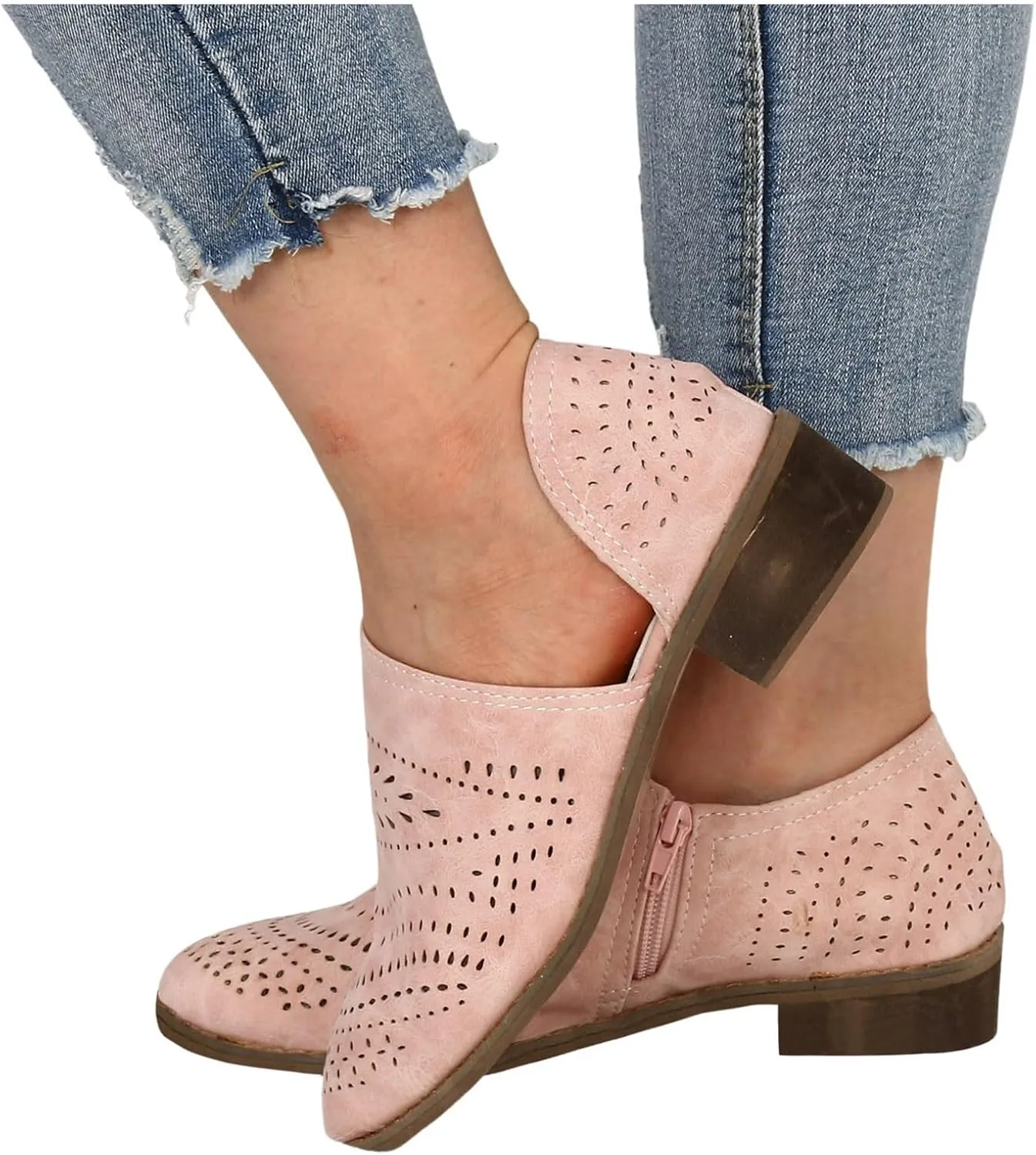 AMDBEL Fall Boots for Women 2024 Low Heel Pointed Toe Chunky Block Hollow Out Winter Fall Side Zipper Short Booties