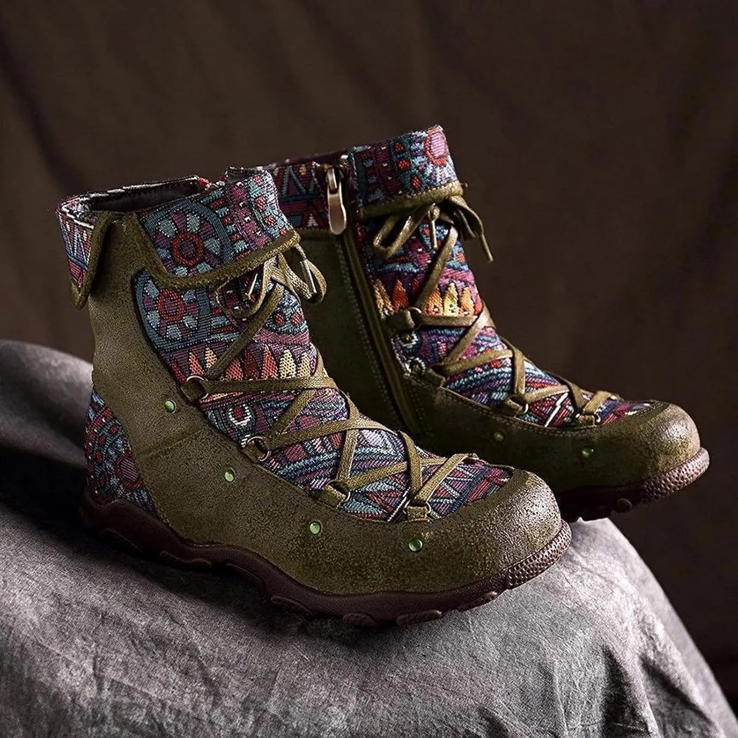 AMDBEL Fall Boots for Women 2024, Women's Ankle Boots Low Heel Lace Up Short Boots Bohemian Winter Vintage Booties Shoes