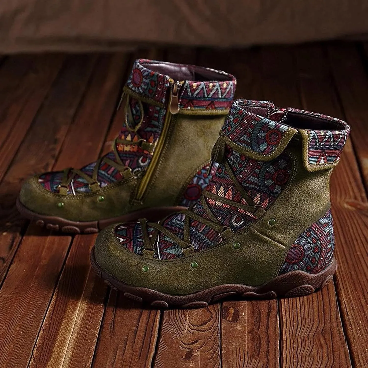 AMDBEL Fall Boots for Women 2024, Women's Ankle Boots Low Heel Lace Up Short Boots Bohemian Winter Vintage Booties Shoes