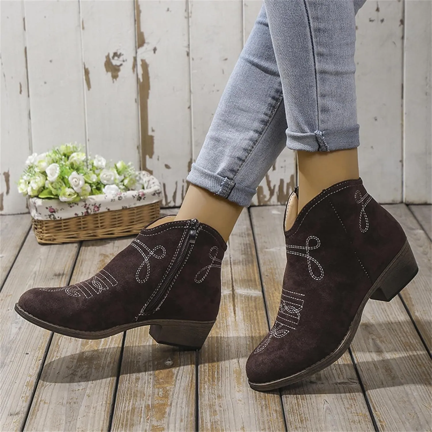 AMDBEL Fall Boots for Women 2024, Women's Ankle Boots Low Heel Short Boots Fashion Winter Walking Shoes with Side Zipper