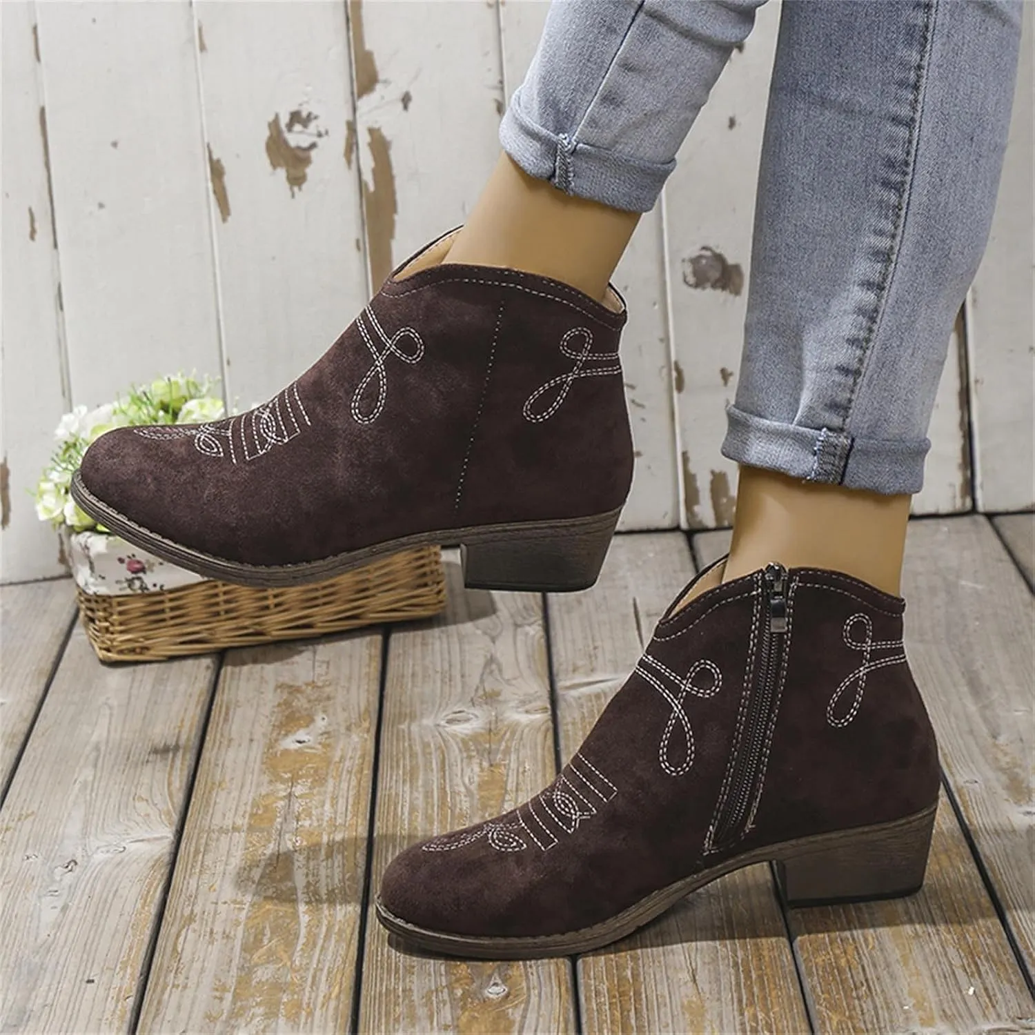 AMDBEL Fall Boots for Women 2024, Women's Ankle Boots Low Heel Short Boots Fashion Winter Walking Shoes with Side Zipper