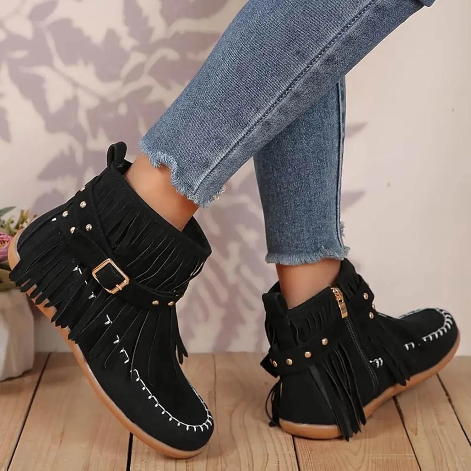 AMDBEL Fall Boots for Women 2024, Women's Ankle Boots Low Heel Side Zipper Tassel Flat Short Boots Casual Walking Booties