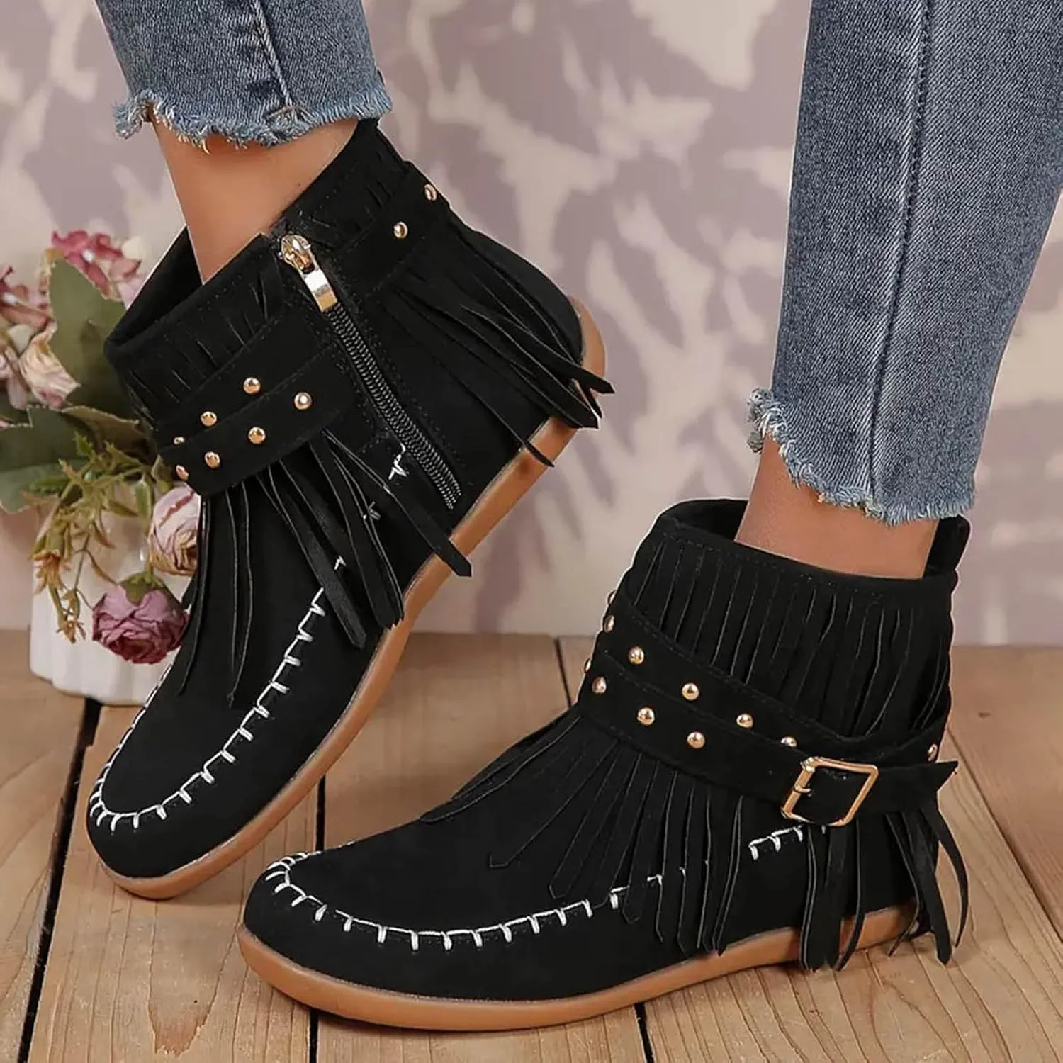 AMDBEL Fall Boots for Women 2024, Women's Ankle Boots Low Heel Side Zipper Tassel Flat Short Boots Casual Walking Booties