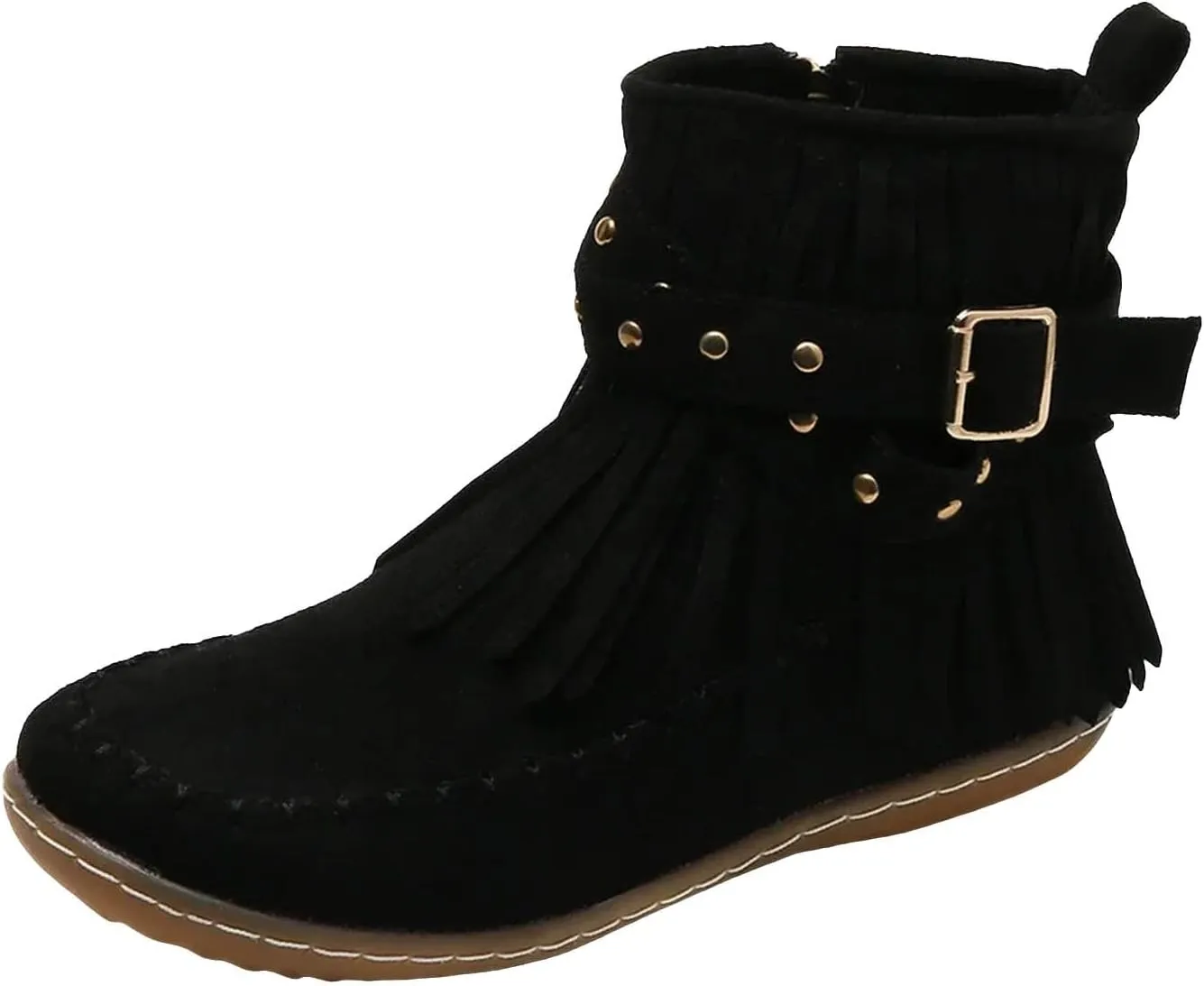 AMDBEL Fall Boots for Women 2024, Women's Ankle Boots Low Heel Side Zipper Tassel Flat Short Boots Casual Walking Booties