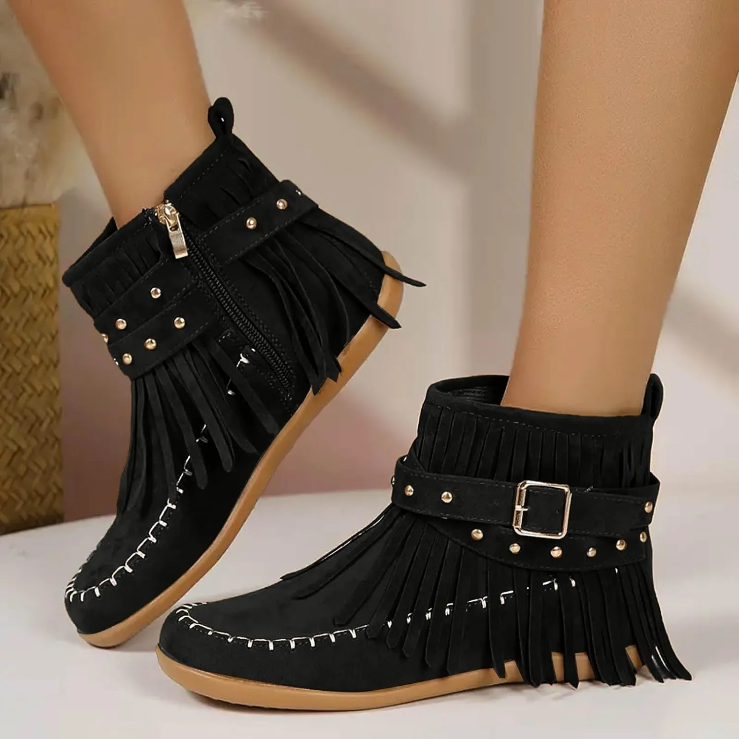 AMDBEL Fall Boots for Women 2024, Women's Ankle Boots Low Heel Side Zipper Tassel Flat Short Boots Casual Walking Booties