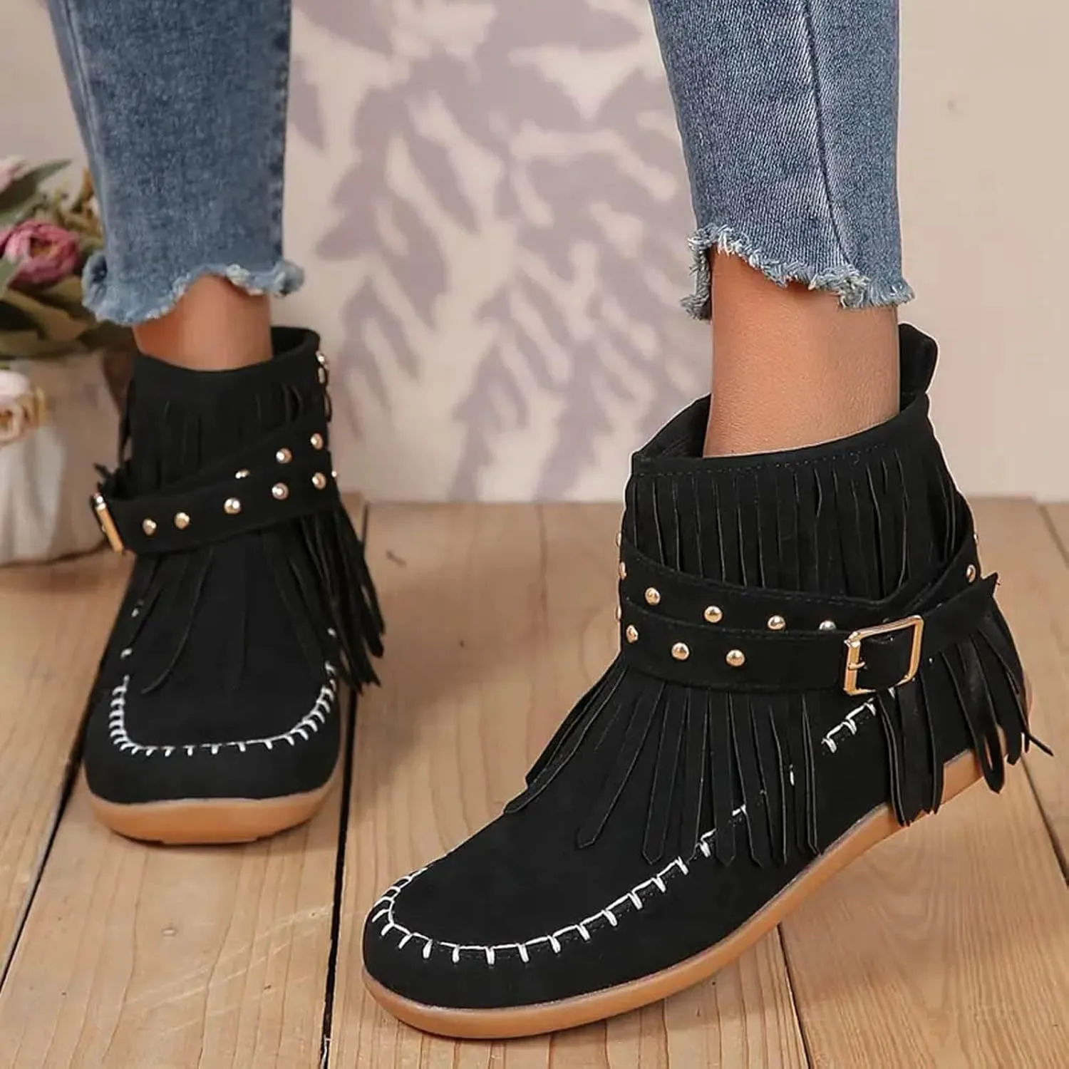 AMDBEL Fall Boots for Women 2024, Women's Ankle Boots Low Heel Side Zipper Tassel Flat Short Boots Casual Walking Booties