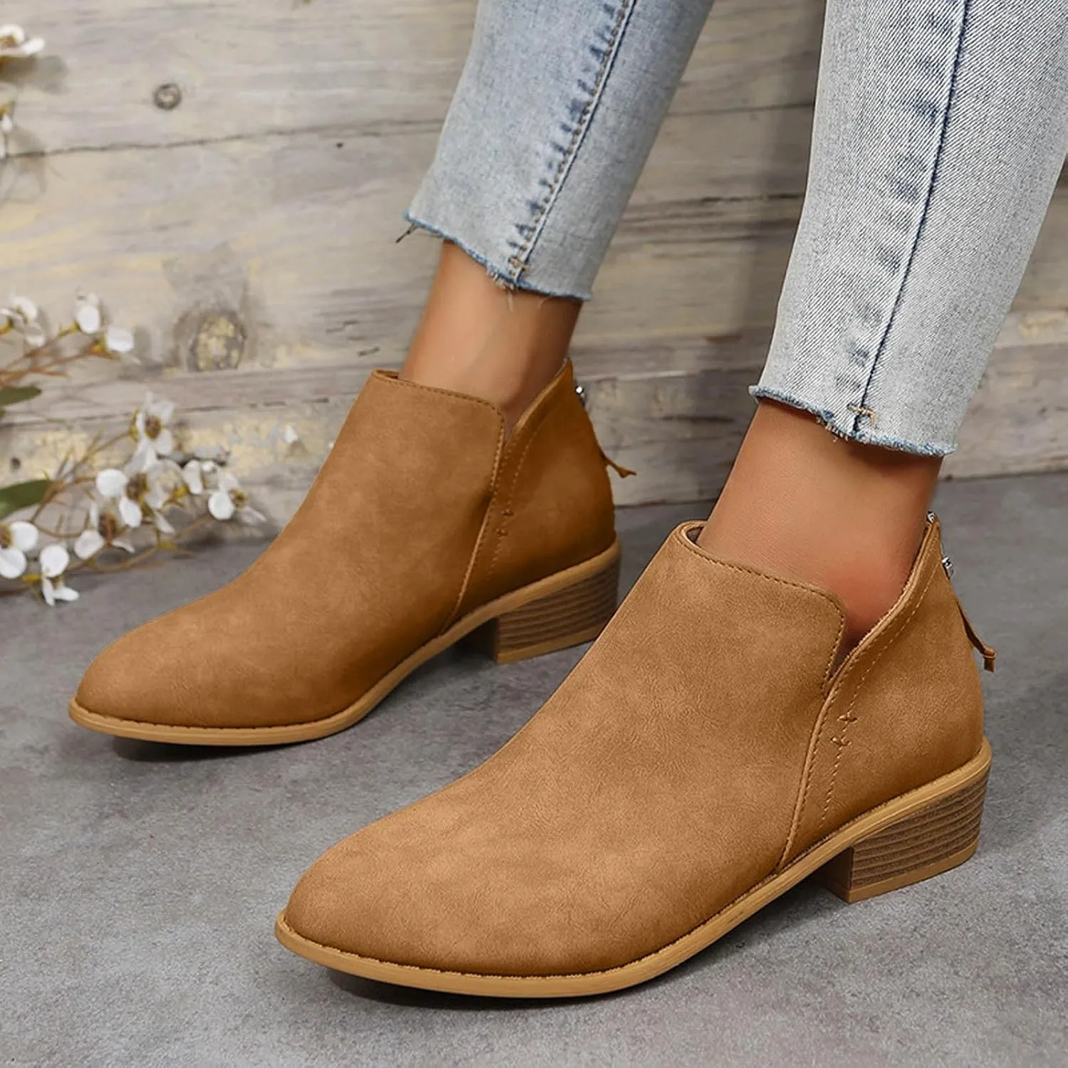 AMDBEL Fall Boots for Women 2024, Women's Ankle Boots Low Heel Slip On Chelsea Boots Casual Walking Booties with Zipper