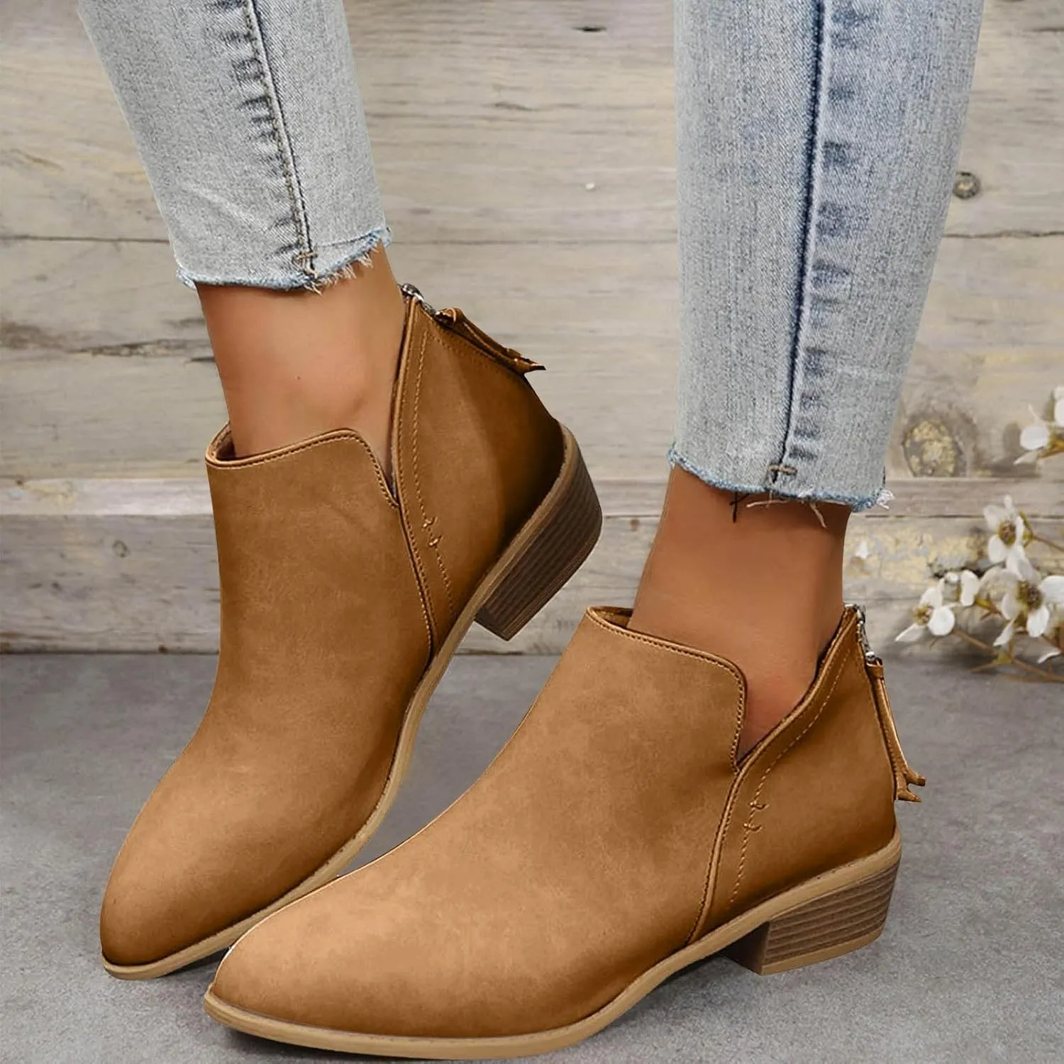 AMDBEL Fall Boots for Women 2024, Women's Ankle Boots Low Heel Slip On Chelsea Boots Casual Walking Booties with Zipper