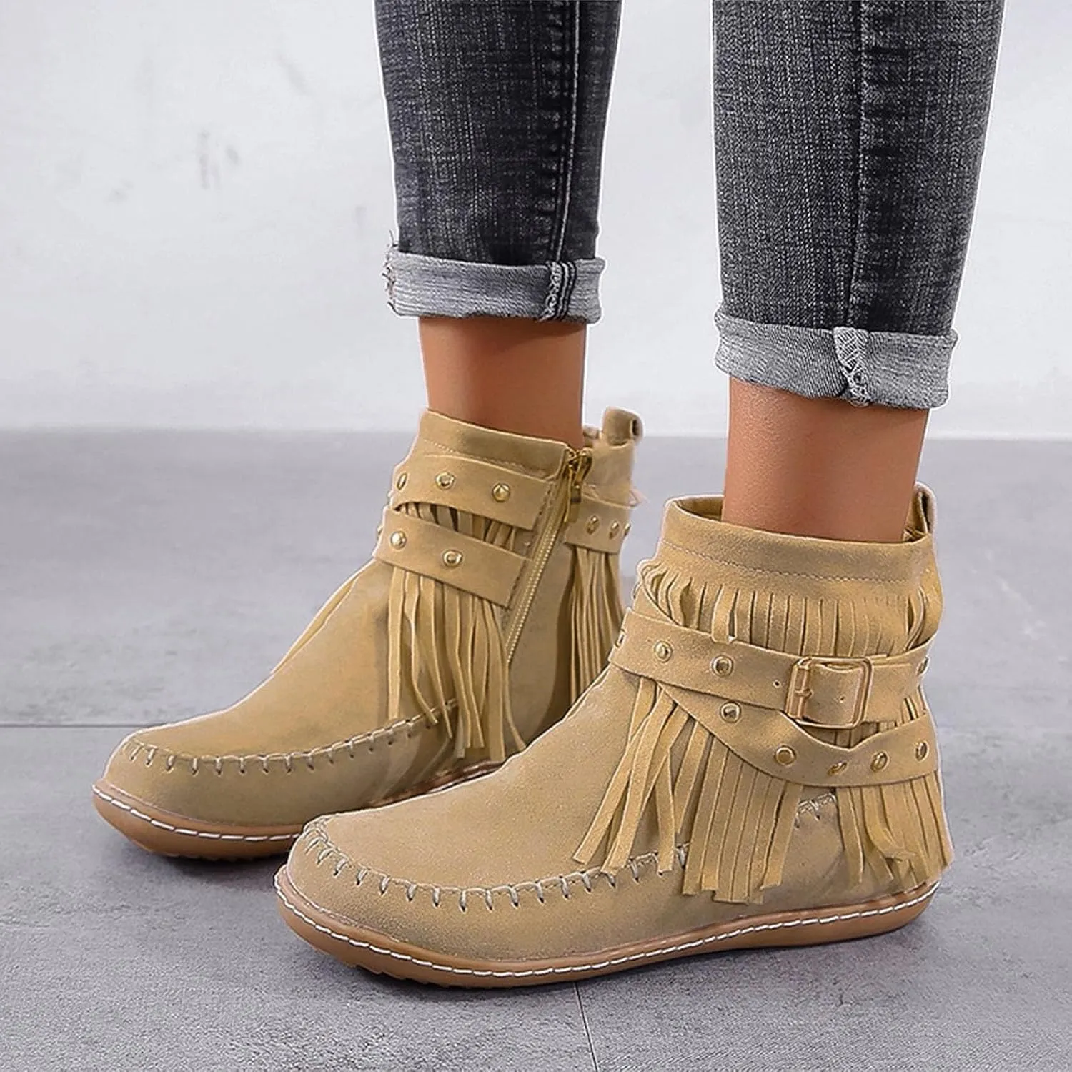 AMDBEL Fall Boots for Women 2024, Women's Ankle Boots Retro Round Toe Short Tassel Zipper Winter Ladies Booties Shoes