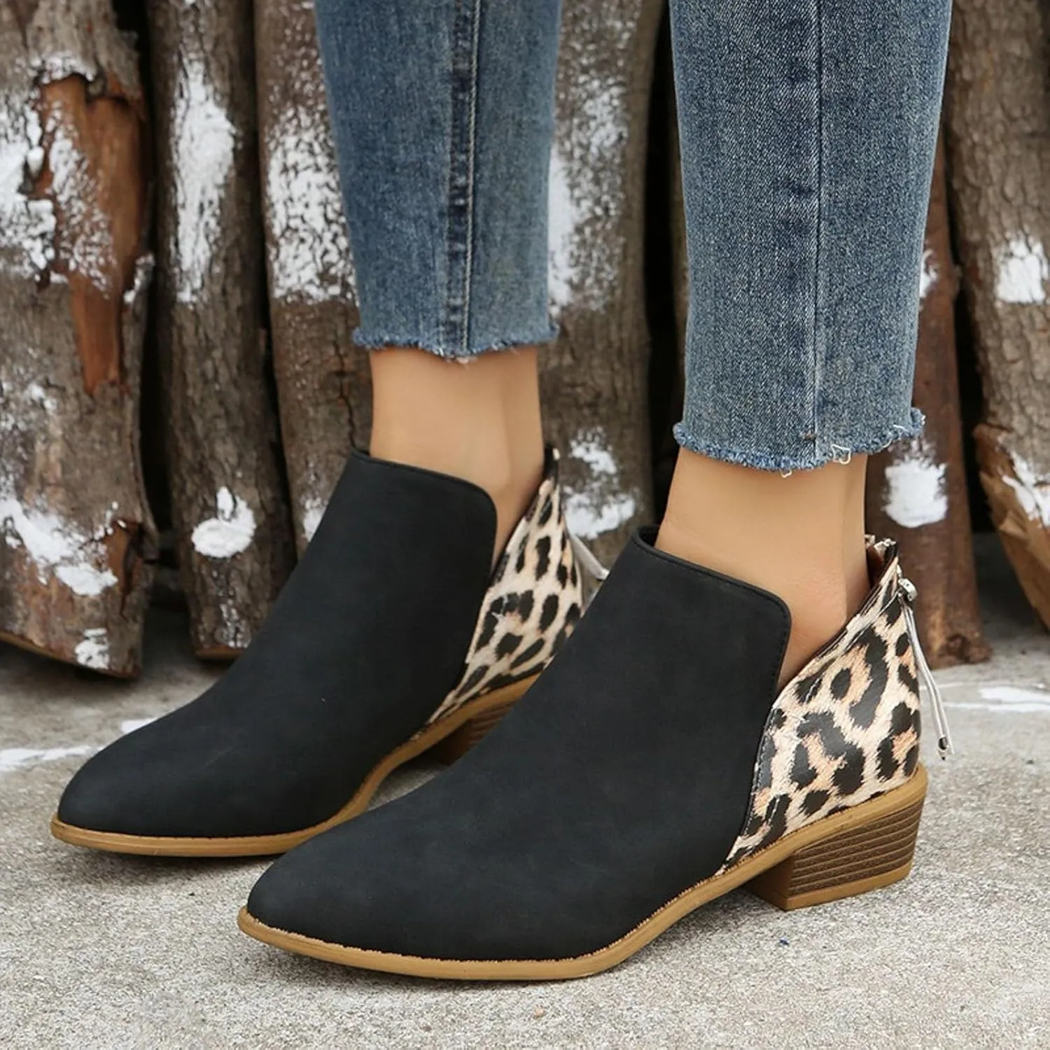AMDBEL Fall Boots for Women 2024, Women's Ankle Boots Round Toe Leopard Print Side Zipper Short Boot Winter Walking Shoes