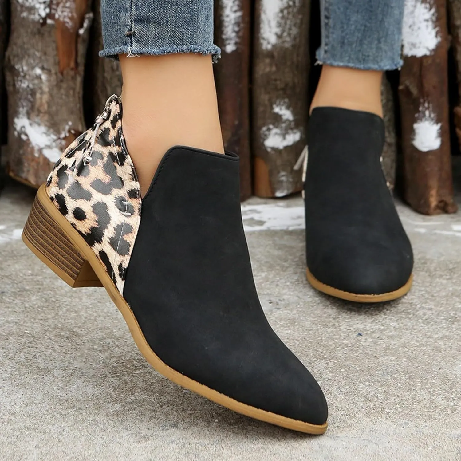 AMDBEL Fall Boots for Women 2024, Women's Ankle Boots Round Toe Leopard Print Side Zipper Short Boot Winter Walking Shoes