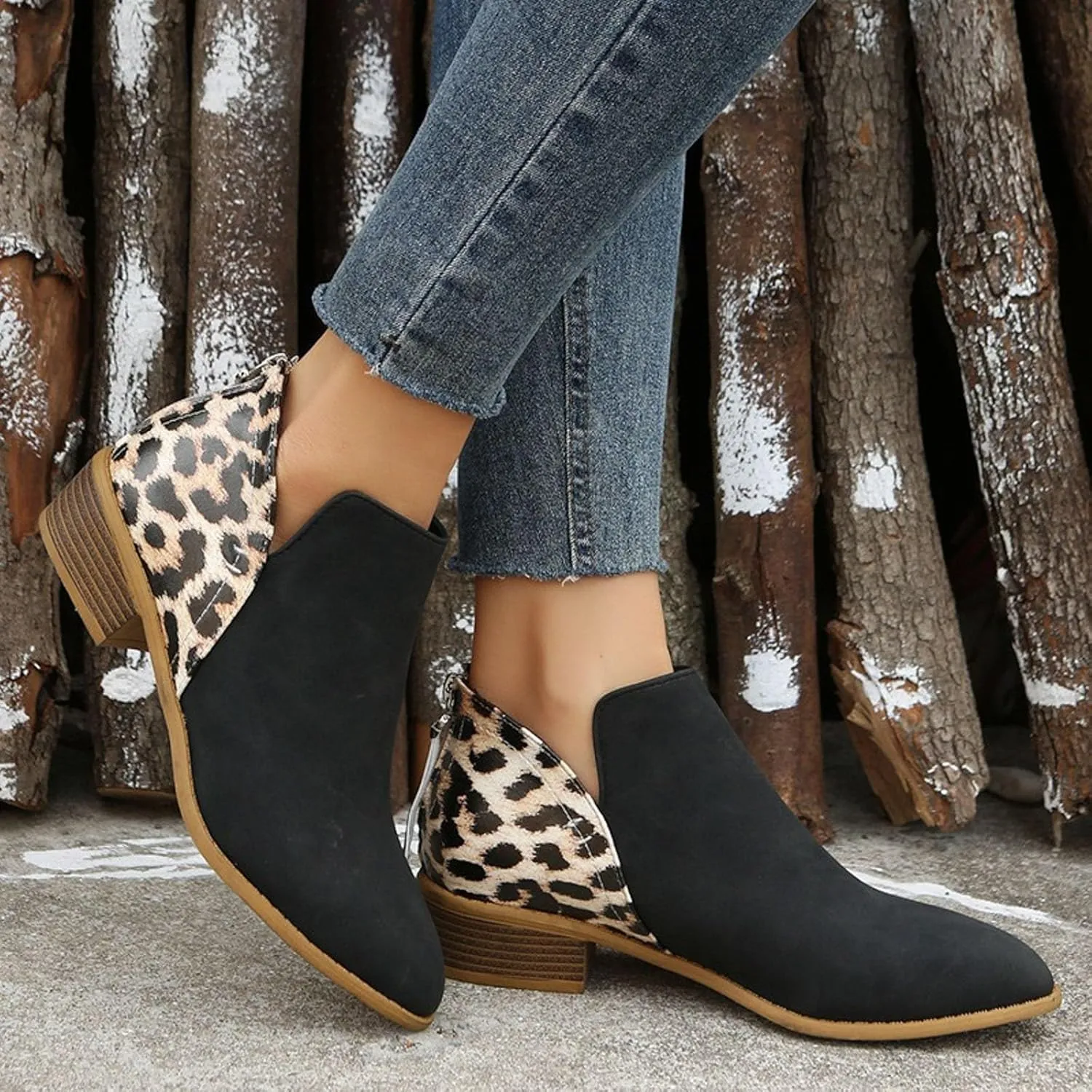 AMDBEL Fall Boots for Women 2024, Women's Ankle Boots Round Toe Leopard Print Side Zipper Short Boot Winter Walking Shoes