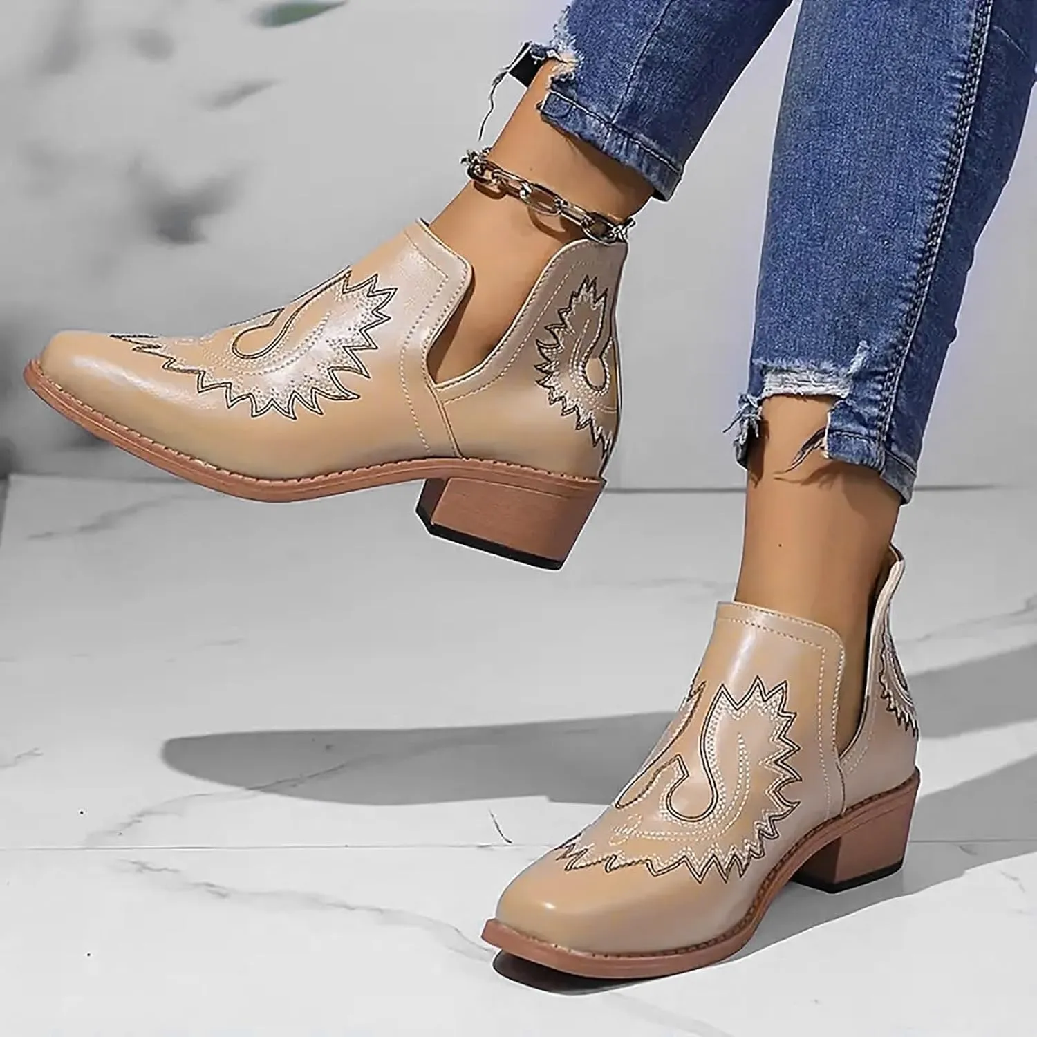 AMDBEL Fall Boots for Women 2024, Women's Ankle Boots Slip On Low Heel Stylish Western Short Boots Fall Winter Shoes