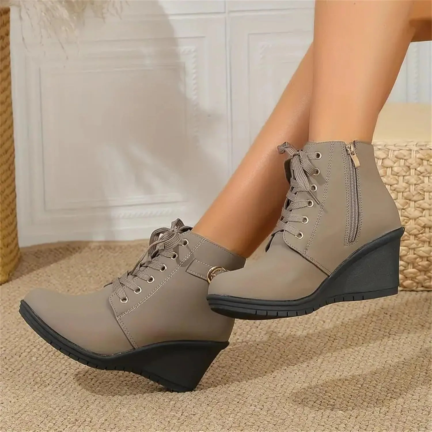 AMDBEL Fall Boots for Women 2024, Women's Ankle Boots Square Heel Lace Up Short Boots Winter Wedge Booties Shoes