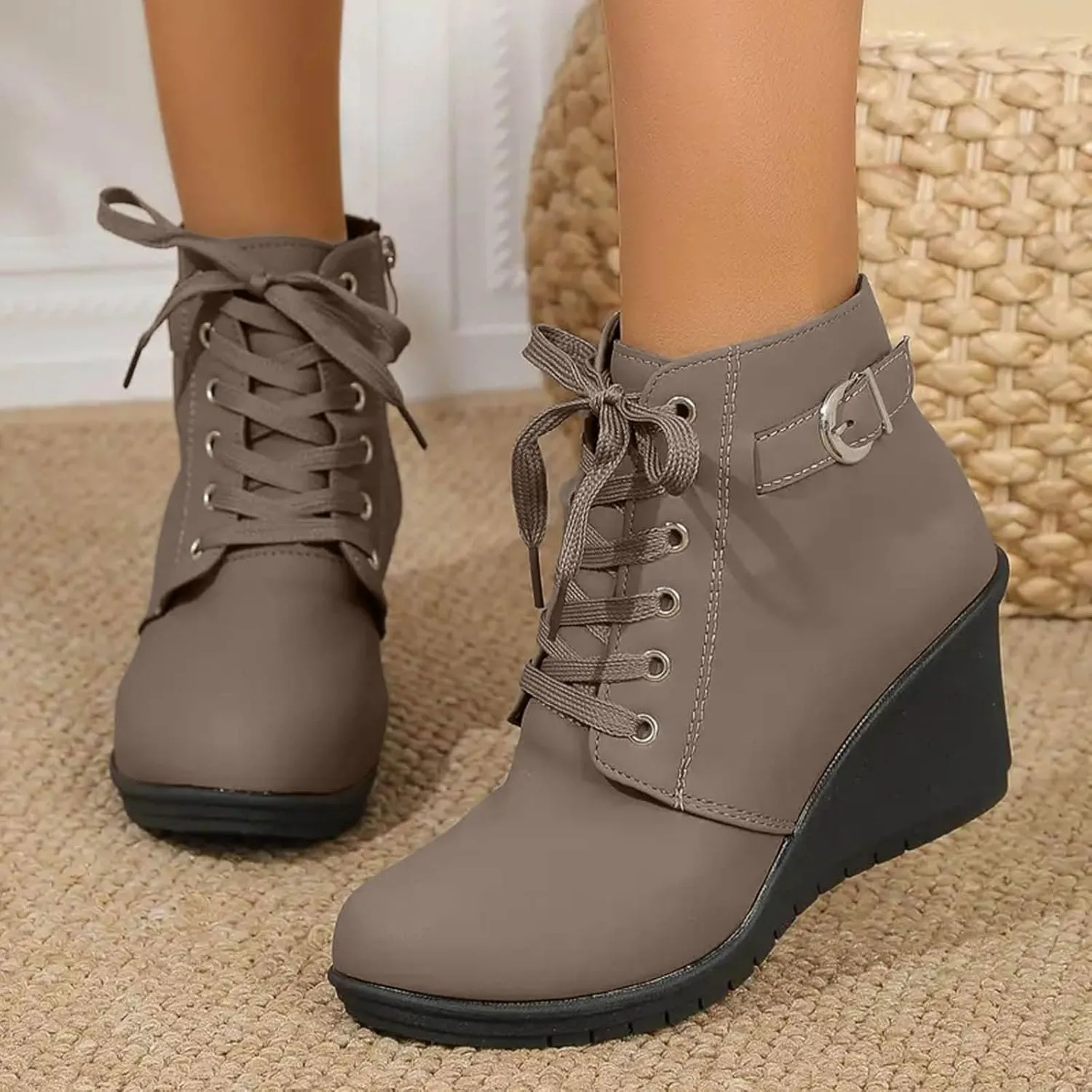 AMDBEL Fall Boots for Women 2024, Women's Ankle Boots Square Heel Lace Up Short Boots Winter Wedge Booties Shoes