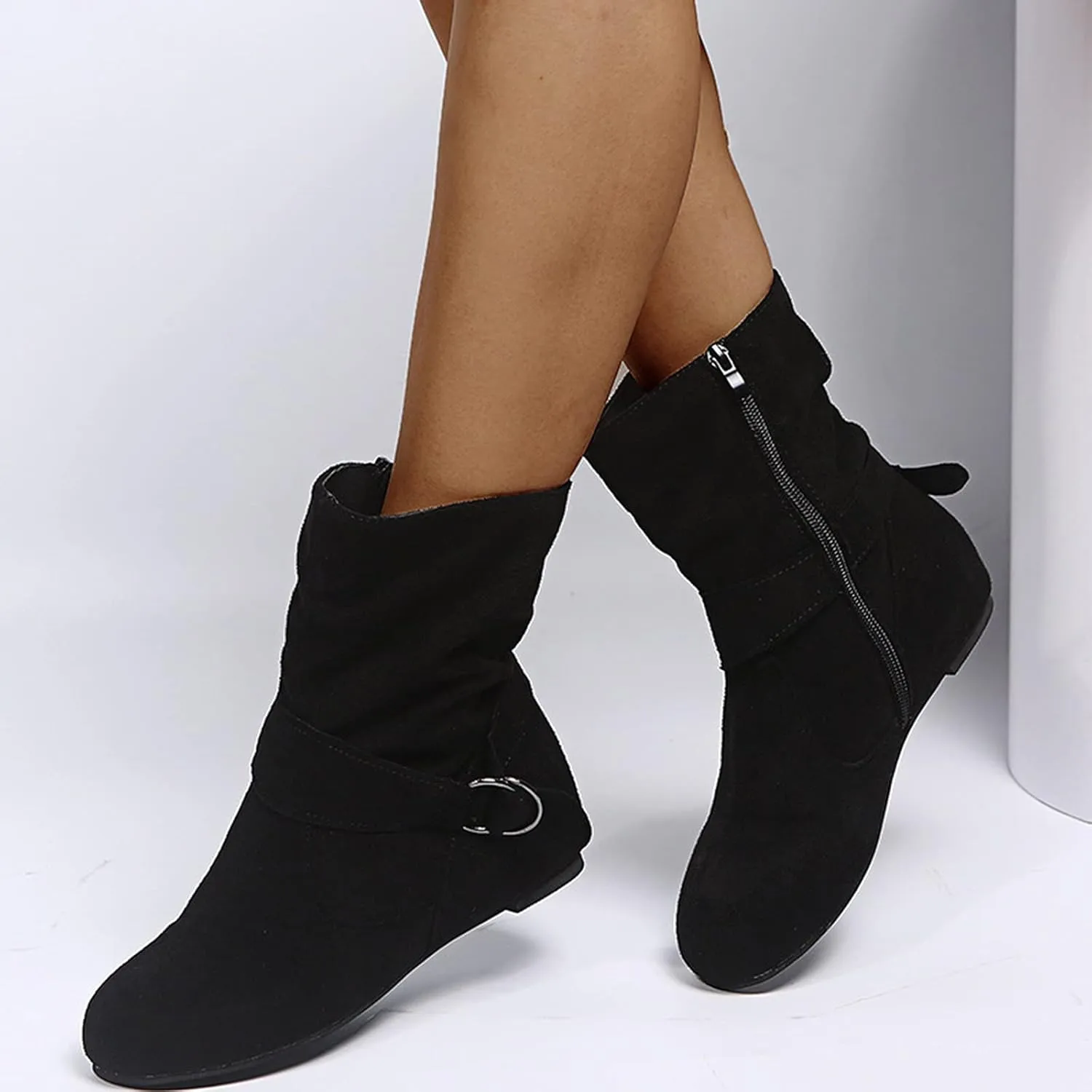 AMDBEL Fall Boots for Women 2024, Women's Boots Round Toe Mid Calf Boots Side Zipper Suede Winter Ladies Walking Shoes