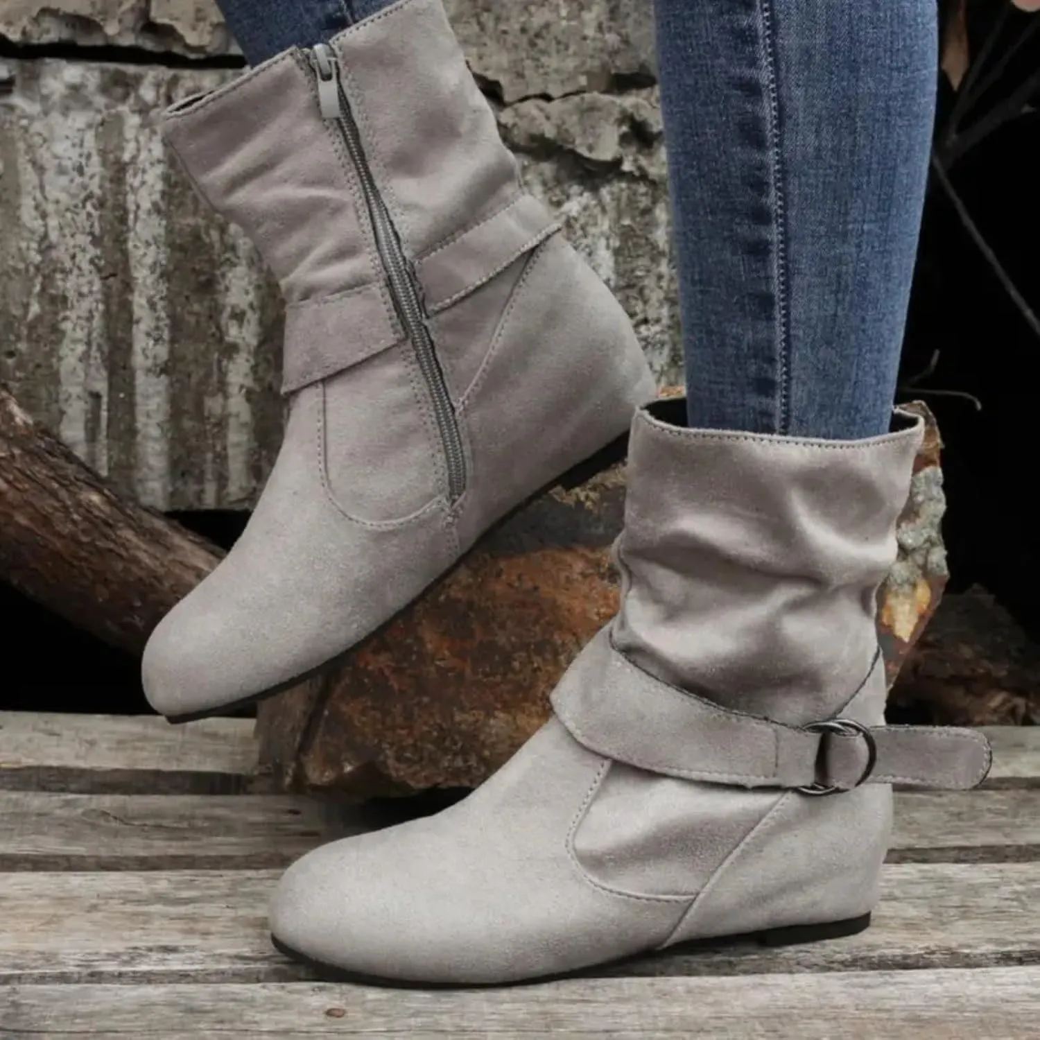 AMDBEL Fall Boots for Women 2024, Women's Mid Calf Boots Low Heel Round Toe Boots Ladies Walking Booties with Zipper