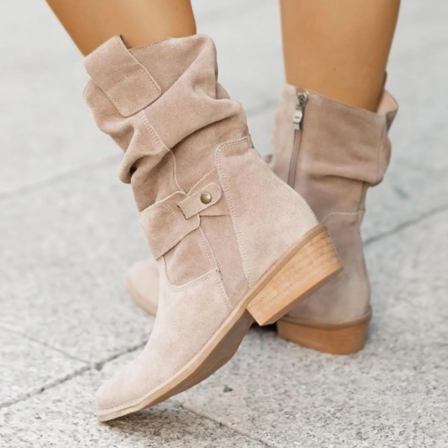 AMDBEL Fall Shoes for Women 2024 Low Heel Round Toe Suede Booties Comfortable Zipper Sexy Fall Winter Short Boots Shoes