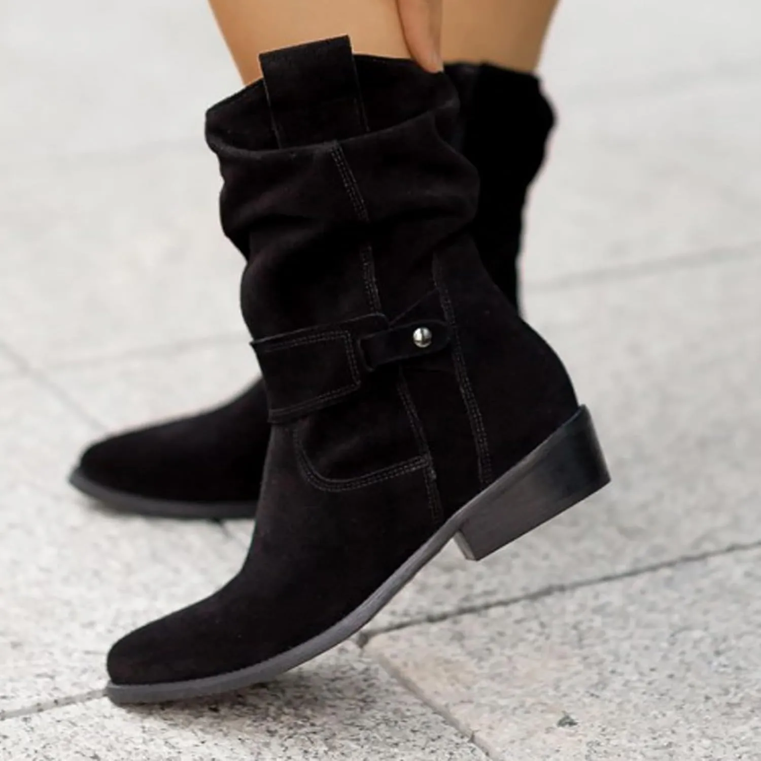 AMDBEL Fall Shoes for Women 2024 Low Heel Round Toe Suede Booties Comfortable Zipper Sexy Fall Winter Short Boots Shoes