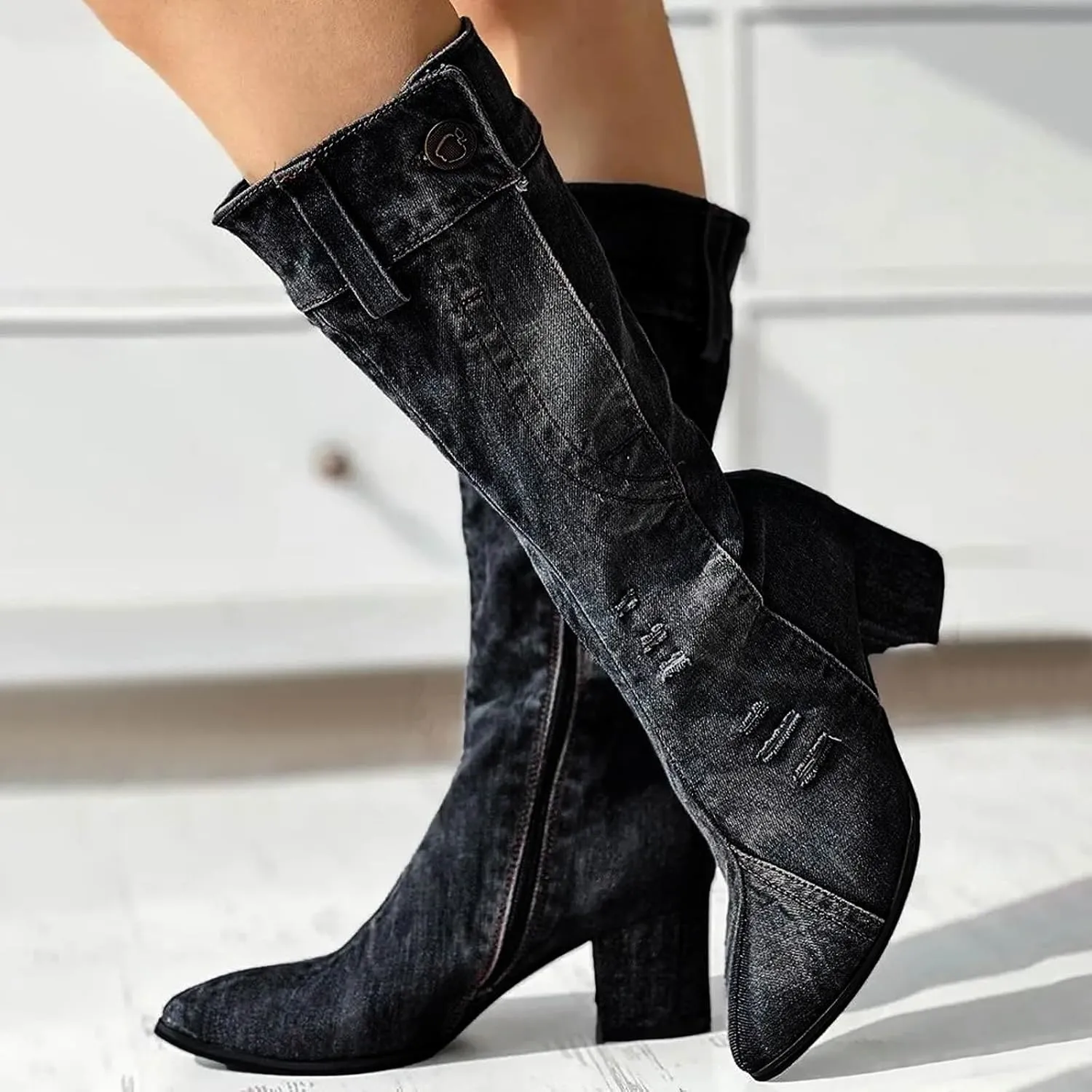 AMDBEL Mid Calf Boots for Women Chunky High Heel Fall Boots for Women 2024 Point Toe Dressy Knee High Boots Winter Shoes