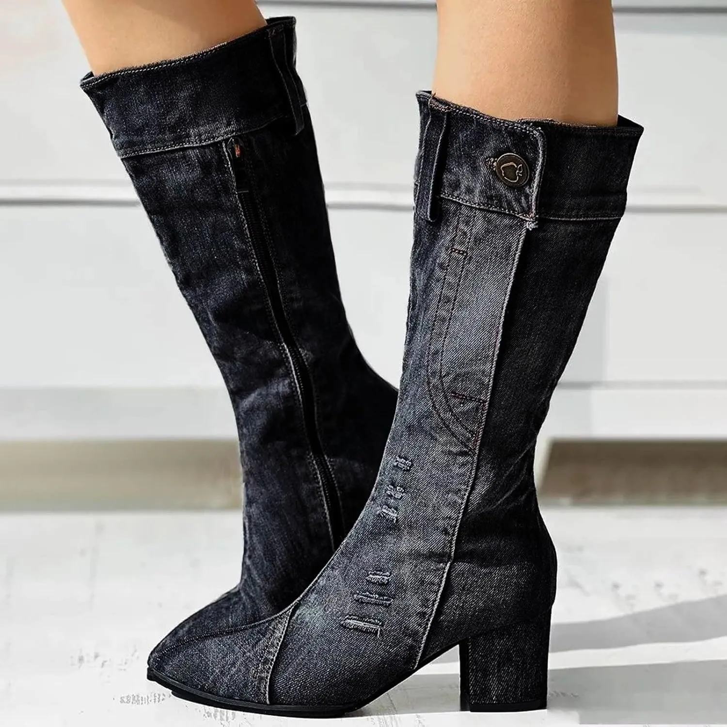 AMDBEL Mid Calf Boots for Women Chunky High Heel Fall Boots for Women 2024 Point Toe Dressy Knee High Boots Winter Shoes