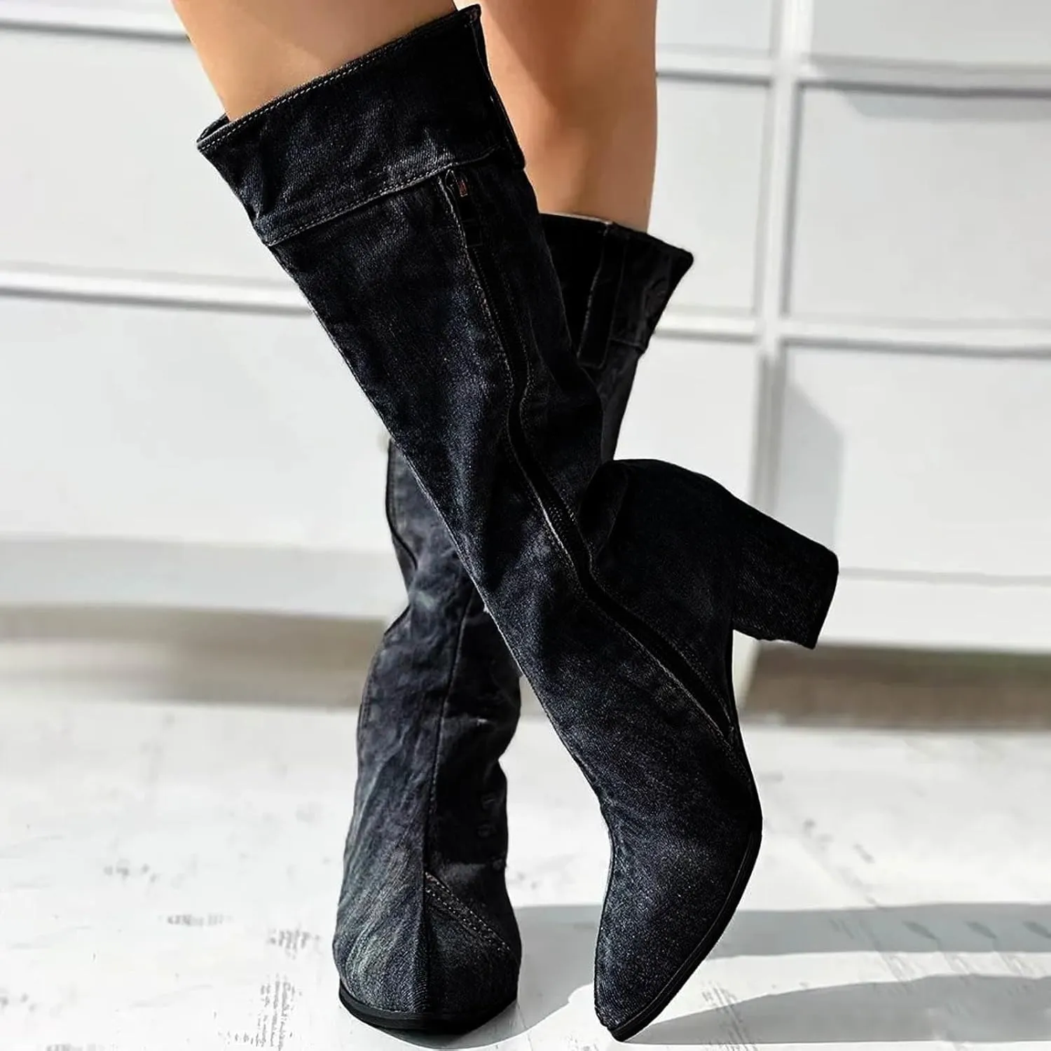 AMDBEL Mid Calf Boots for Women Chunky High Heel Fall Boots for Women 2024 Point Toe Dressy Knee High Boots Winter Shoes