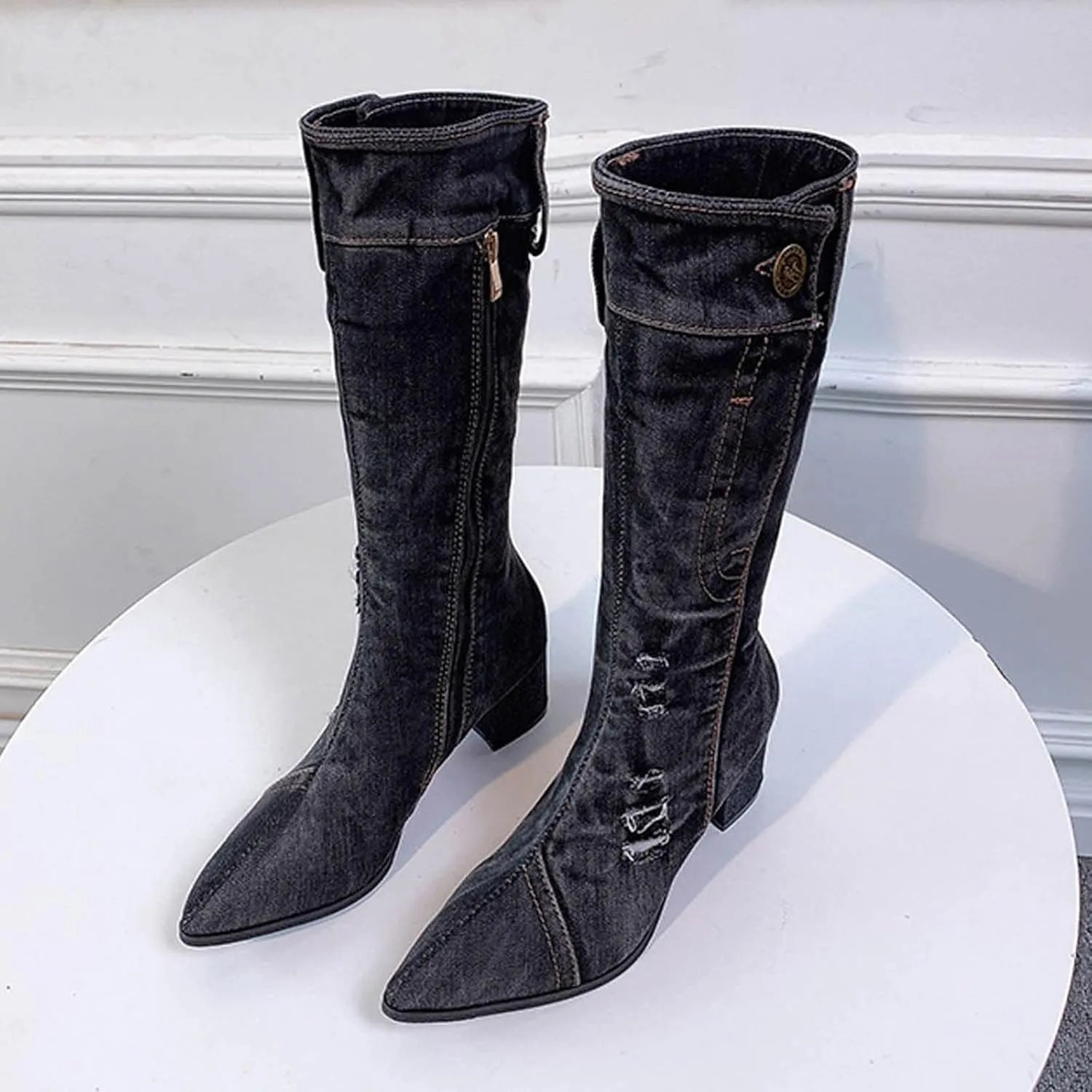 AMDBEL Mid Calf Boots for Women Chunky High Heel Fall Boots for Women 2024 Point Toe Dressy Knee High Boots Winter Shoes
