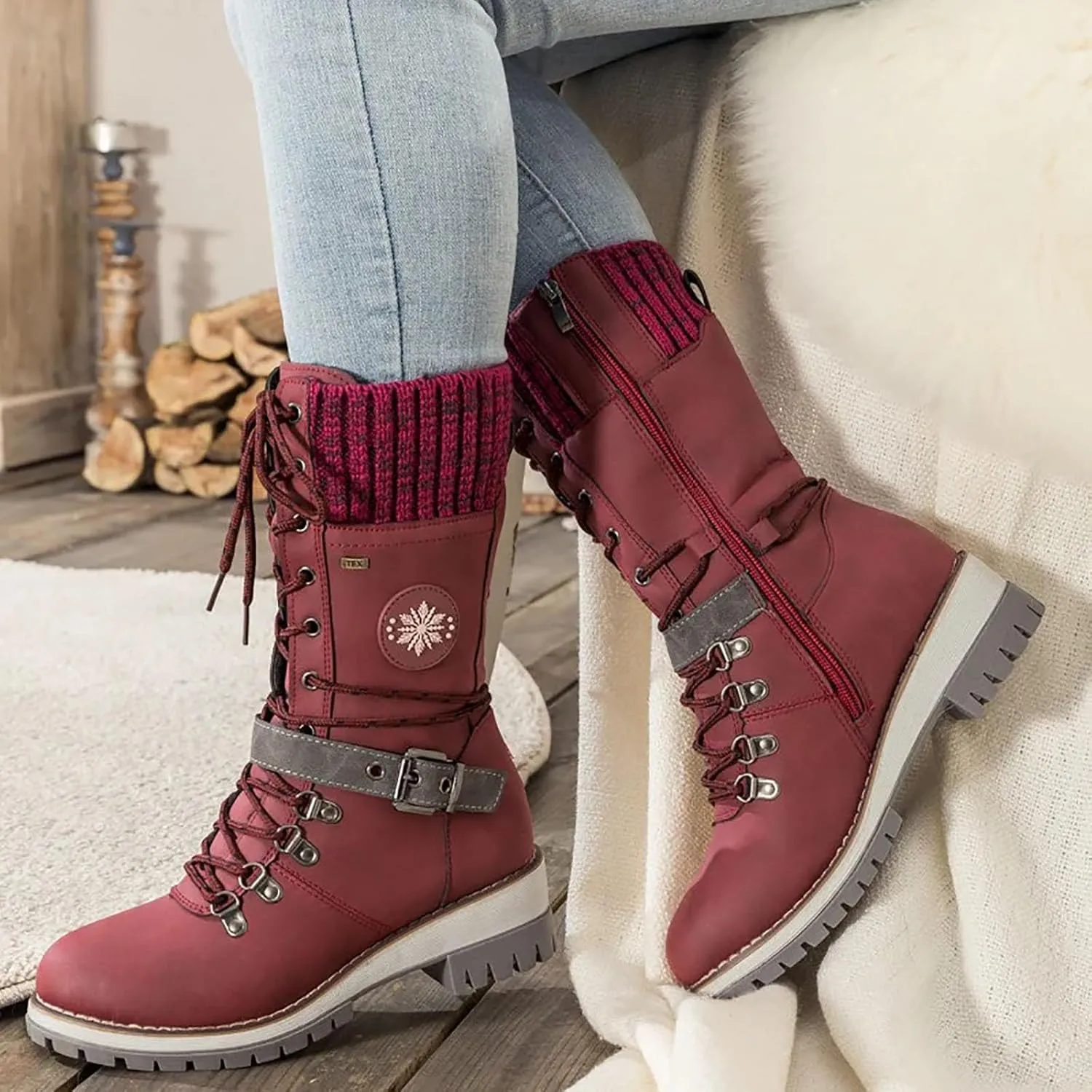 AMDBEL Mid Calf Boots for Women Low Heel Fall Boots for Women 2024 Fashion Lace Up Boots Winter Ankle Booties Ladies Shoes