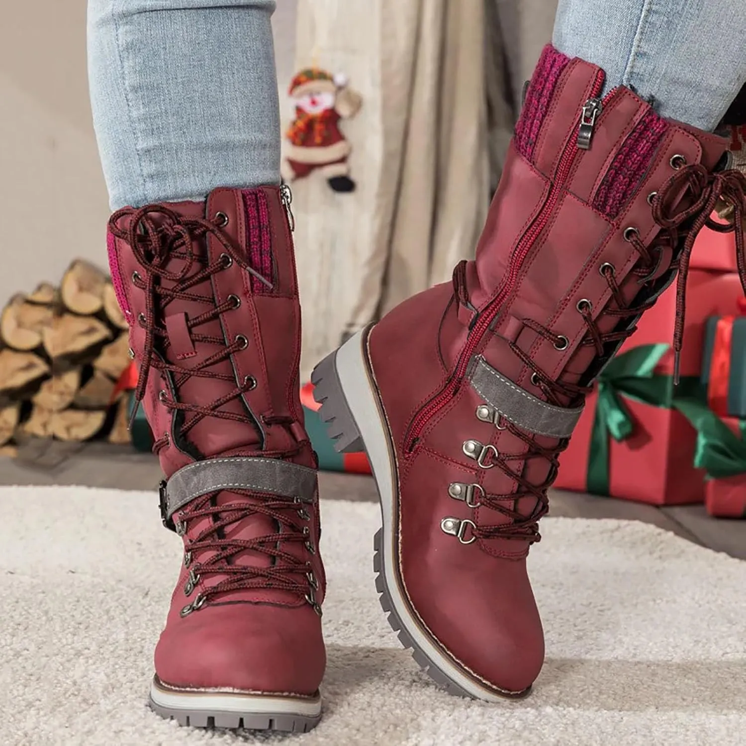 AMDBEL Mid Calf Boots for Women Low Heel Fall Boots for Women 2024 Fashion Lace Up Boots Winter Ankle Booties Ladies Shoes