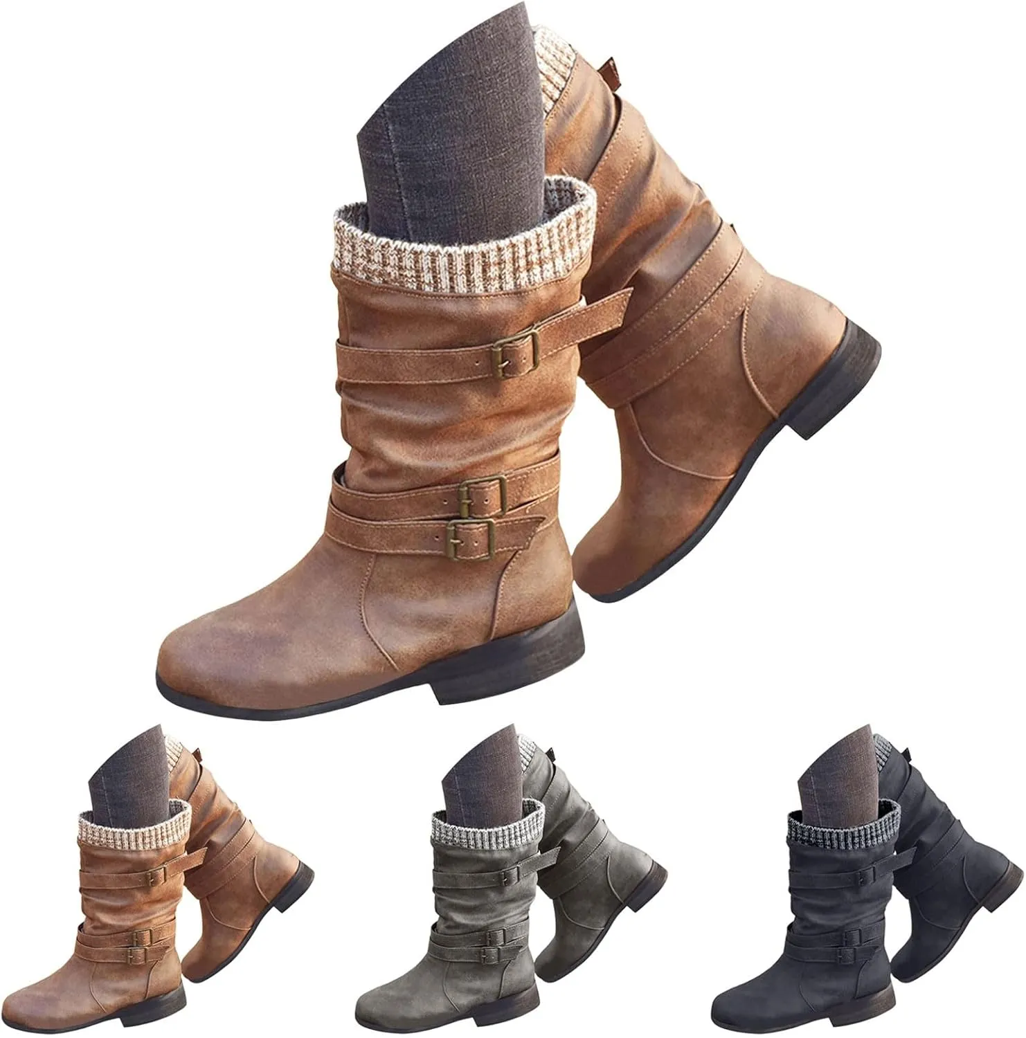 AMDBEL Mid Calf Boots for Women Low Heel Fall Boots for Women 2024 Fashion Leather Boots Slip On Ankle Booties Ladies Shoes