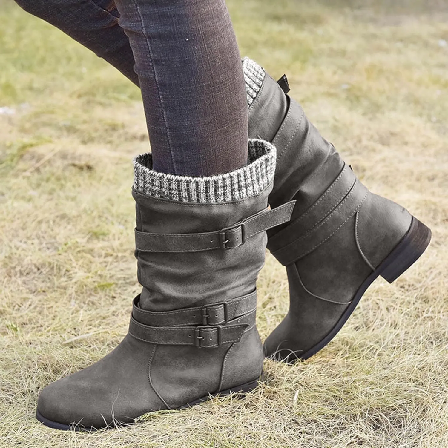 AMDBEL Mid Calf Boots for Women Low Heel Fall Boots for Women 2024 Fashion Leather Boots Slip On Ankle Booties Ladies Shoes