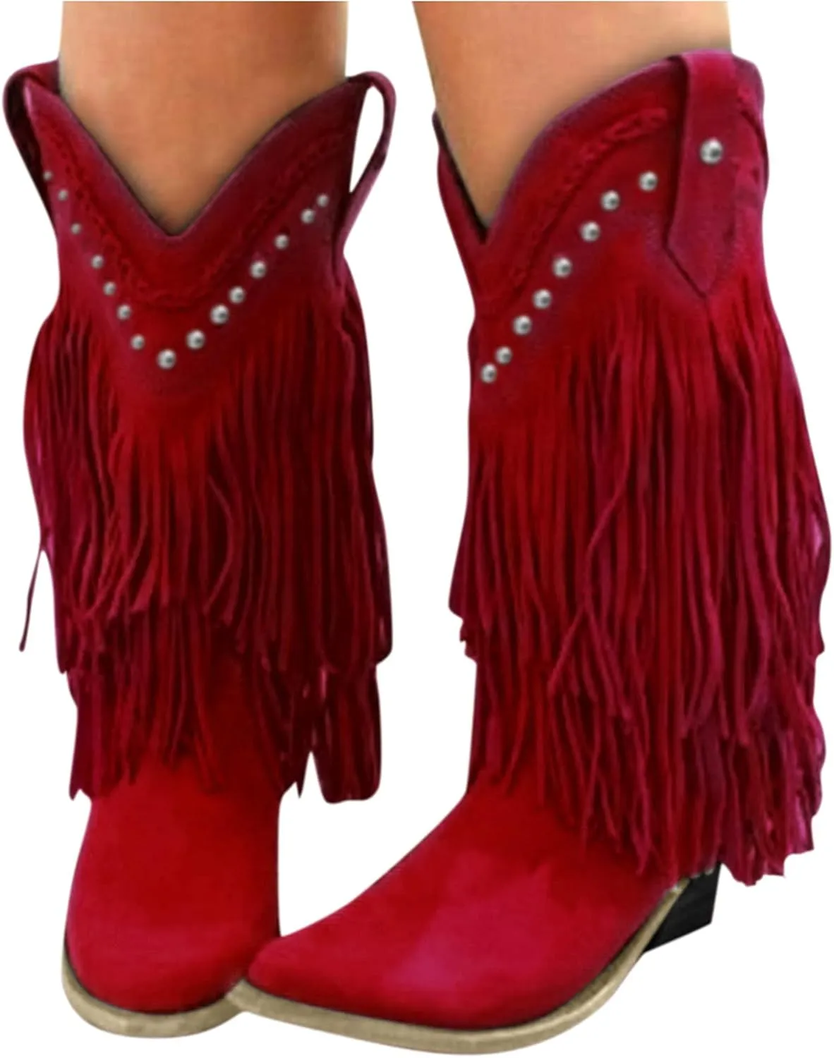 AMDBEL Mid Calf Boots for Women Low Heel Fall Boots for Women 2024 Retro Tassel Pointed Toe Cowboy Boots Winter Shoes