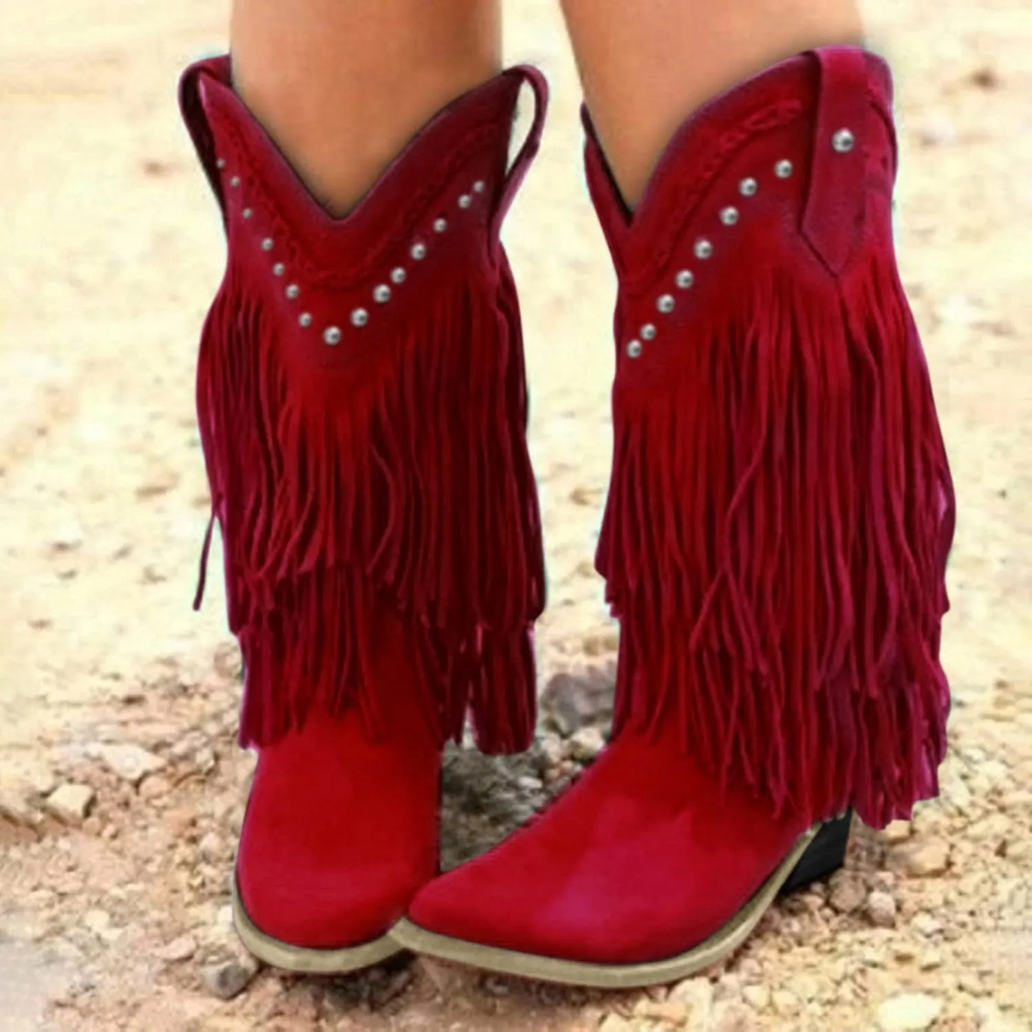 AMDBEL Mid Calf Boots for Women Low Heel Fall Boots for Women 2024 Retro Tassel Pointed Toe Cowboy Boots Winter Shoes