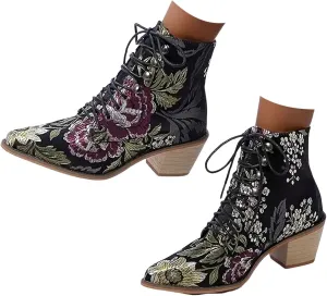 AMDBEL Wedge Fall Shoes for Women 2024 Chunky High Heel Lace Up Boots Pointed Toe Lace Up Embroidery Flower Ethnic Boots