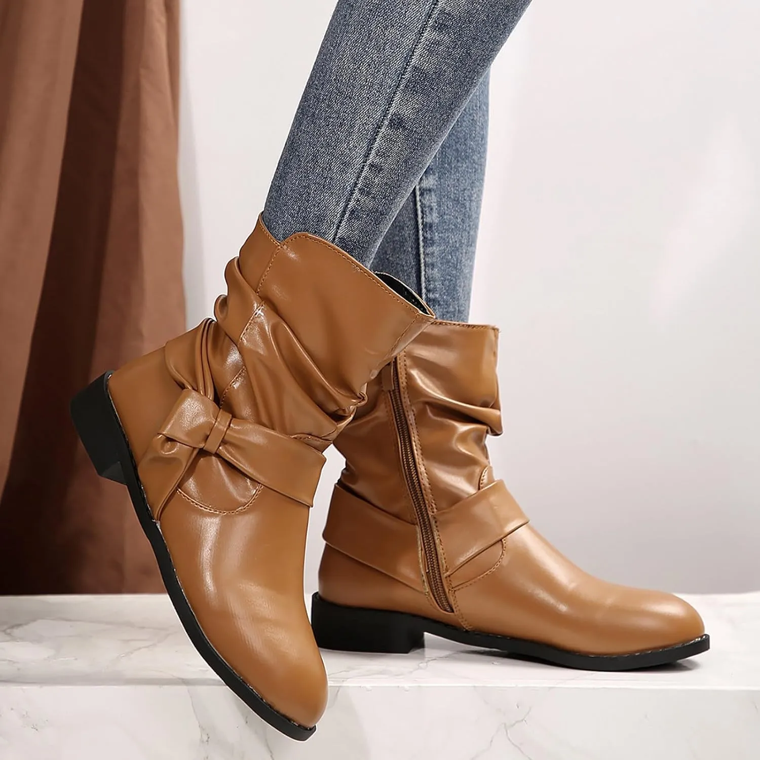 AMDBEL Wide Calf Boots for Women Low Heel Womens Fall Boots 2024 Comfortable Zipper Ankle Boots Fashion Booties Shoes