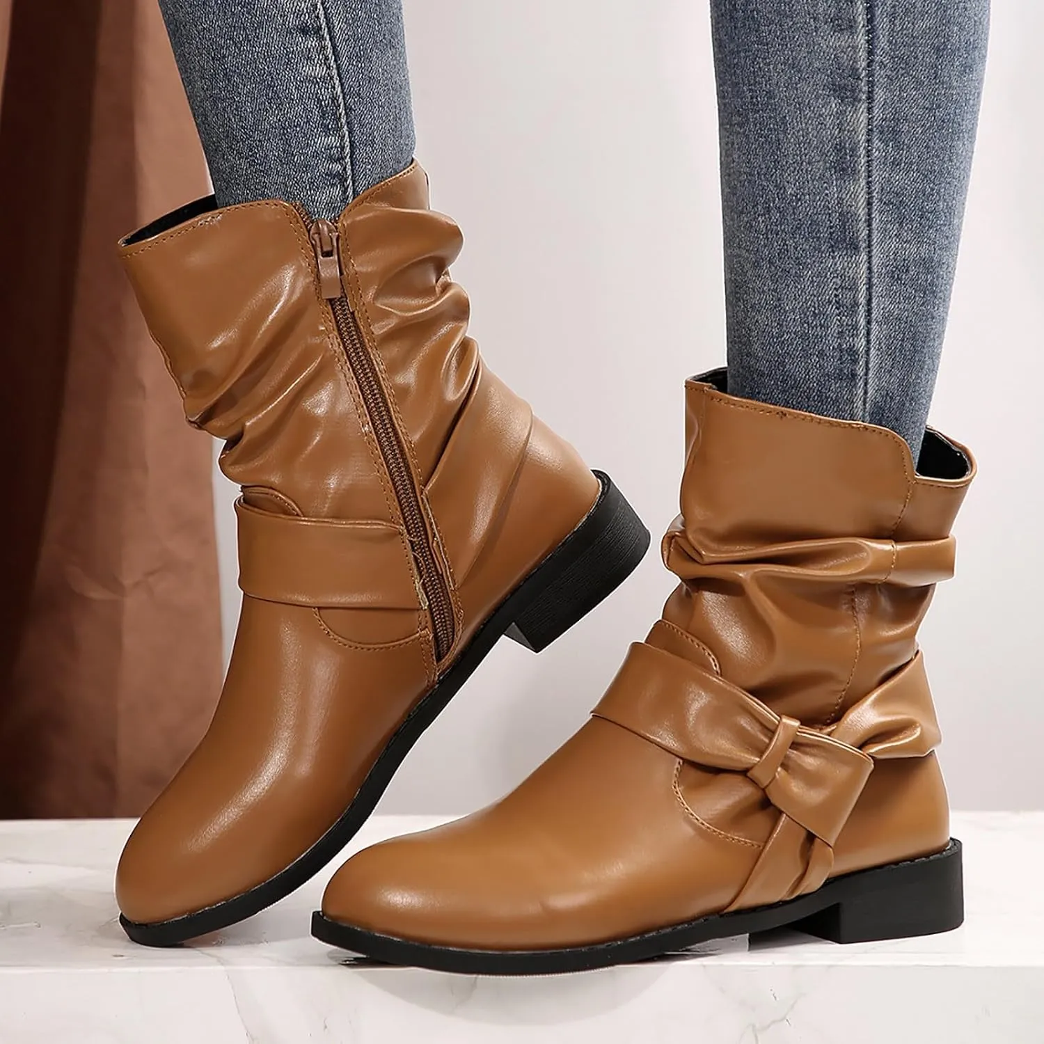 AMDBEL Wide Calf Boots for Women Low Heel Womens Fall Boots 2024 Comfortable Zipper Ankle Boots Fashion Booties Shoes