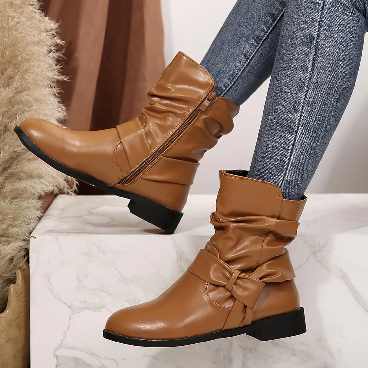AMDBEL Wide Calf Boots for Women Low Heel Womens Fall Boots 2024 Comfortable Zipper Ankle Boots Fashion Booties Shoes