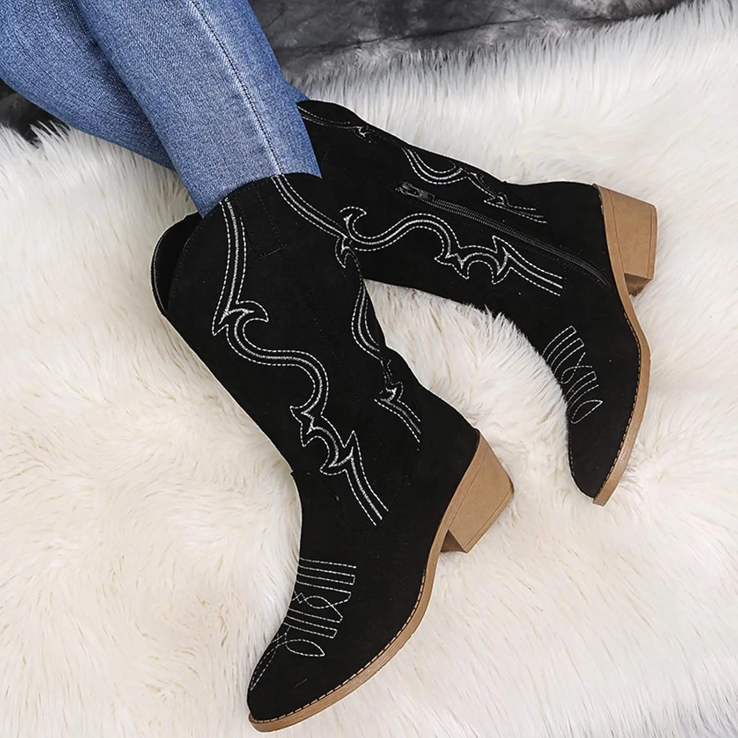 AMDBEL Wide Calf Boots for Women Square Low Heel Womens Fall Boots 2024 Winter Cowboy Boots Embroidered Booties Shoes