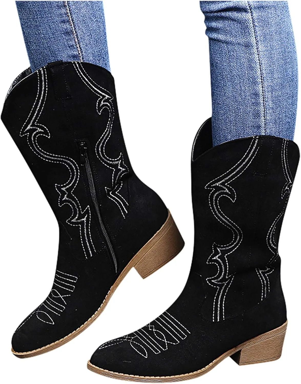 AMDBEL Wide Calf Boots for Women Square Low Heel Womens Fall Boots 2024 Winter Cowboy Boots Embroidered Booties Shoes
