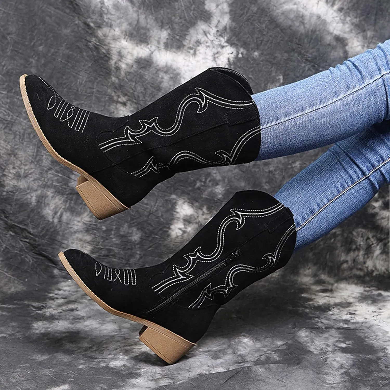 AMDBEL Wide Calf Boots for Women Square Low Heel Womens Fall Boots 2024 Winter Cowboy Boots Embroidered Booties Shoes