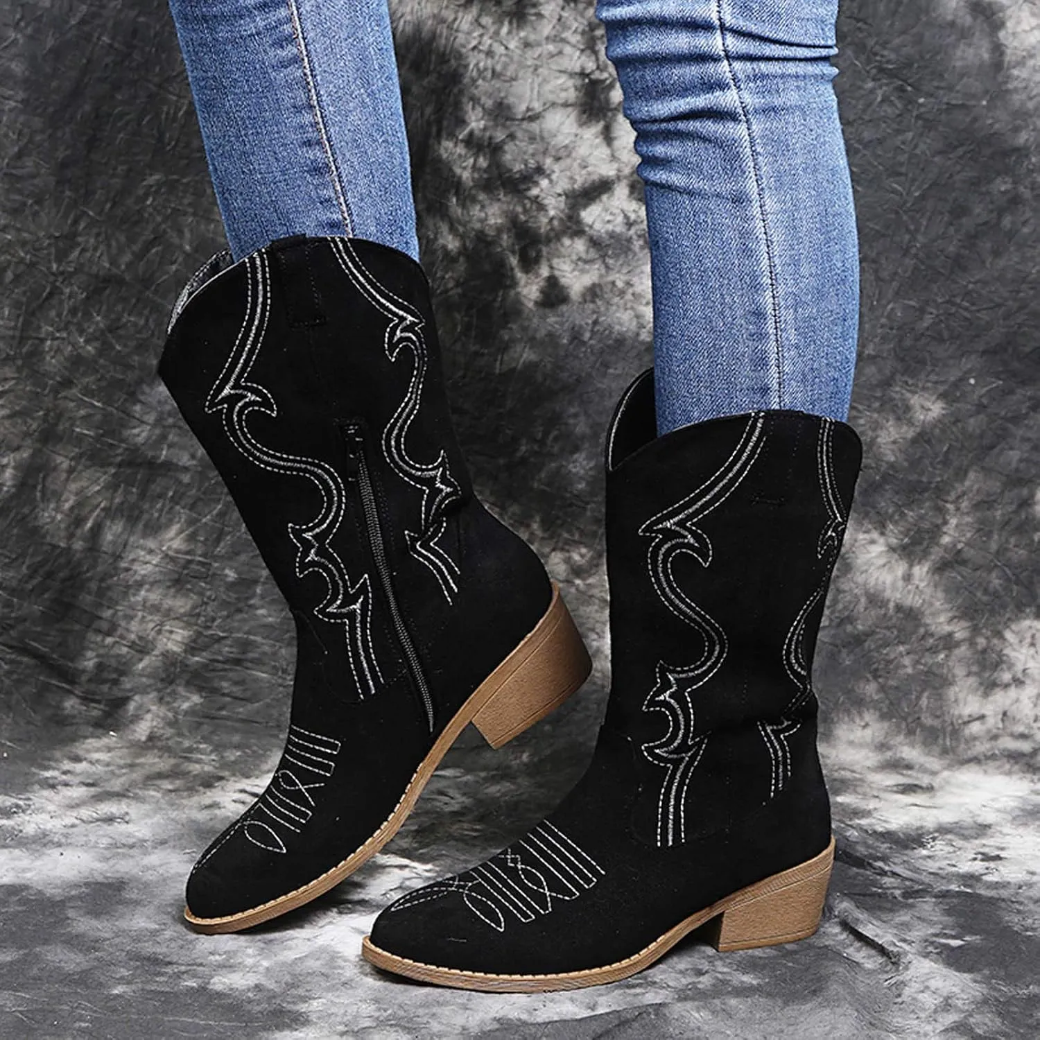 AMDBEL Wide Calf Boots for Women Square Low Heel Womens Fall Boots 2024 Winter Cowboy Boots Embroidered Booties Shoes