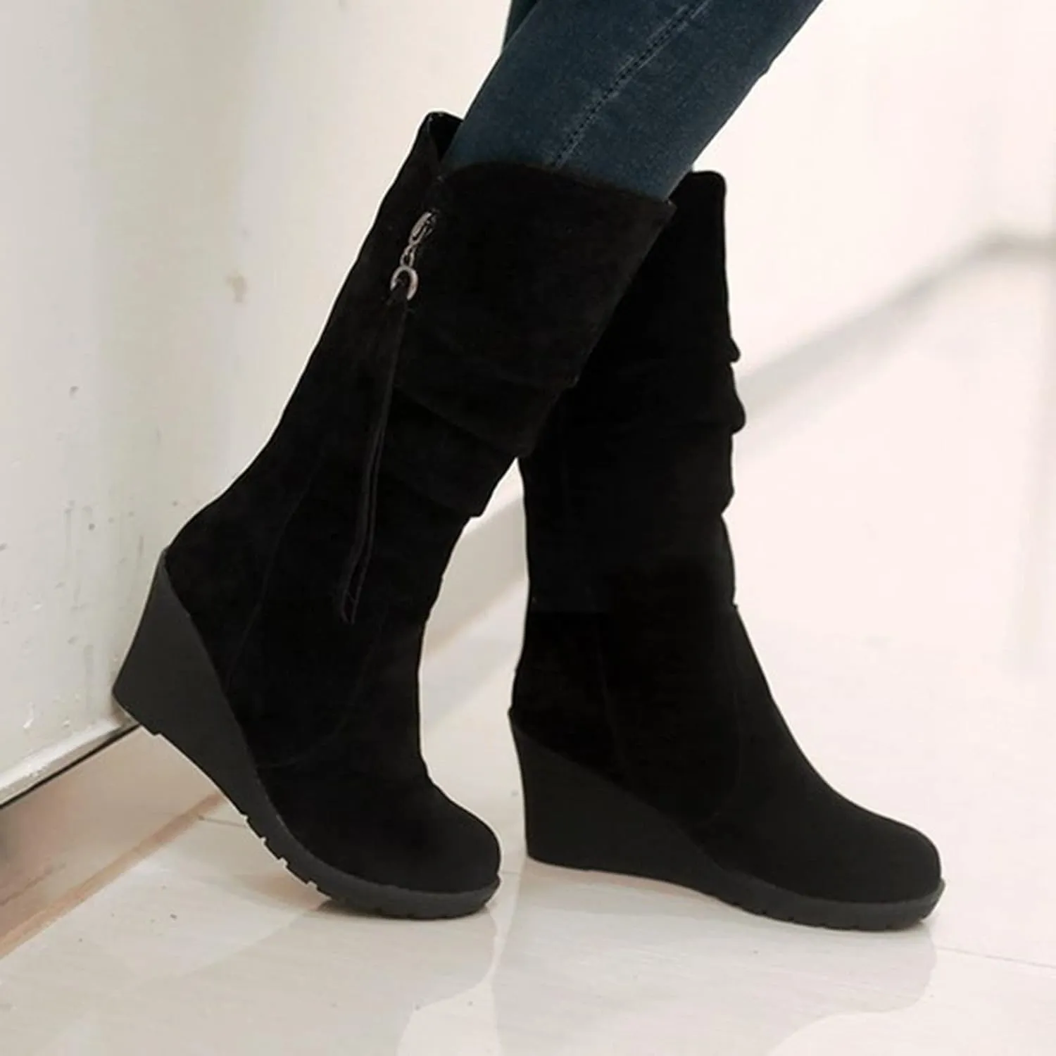 AMDBEL Wide Calf Boots for Women Wedge Heel Womens Fall Boots 2024 Winter Zipper Platform Boots Fashion Booties Shoes