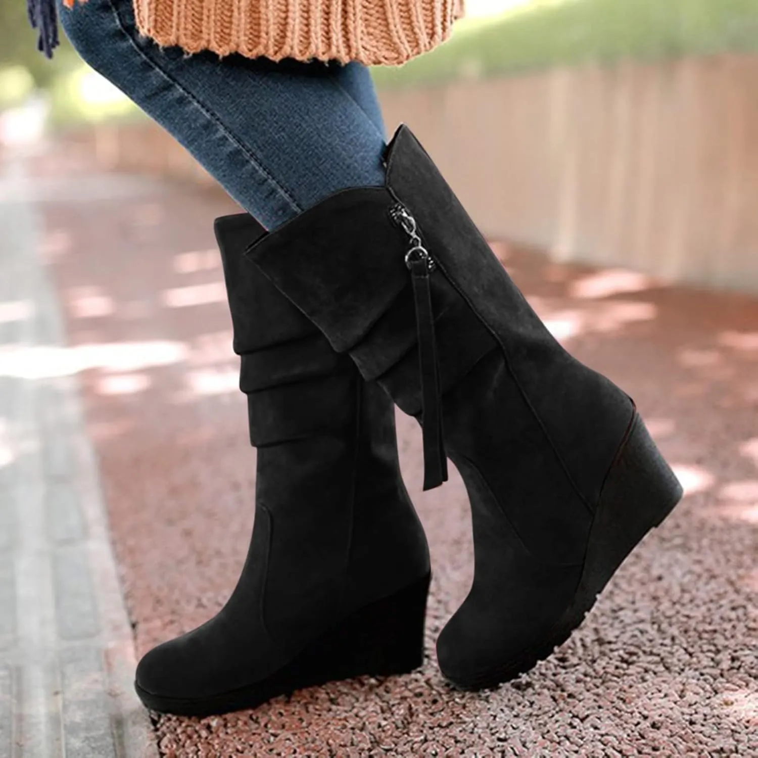 AMDBEL Wide Calf Boots for Women Wedge Heel Womens Fall Boots 2024 Winter Zipper Platform Boots Fashion Booties Shoes