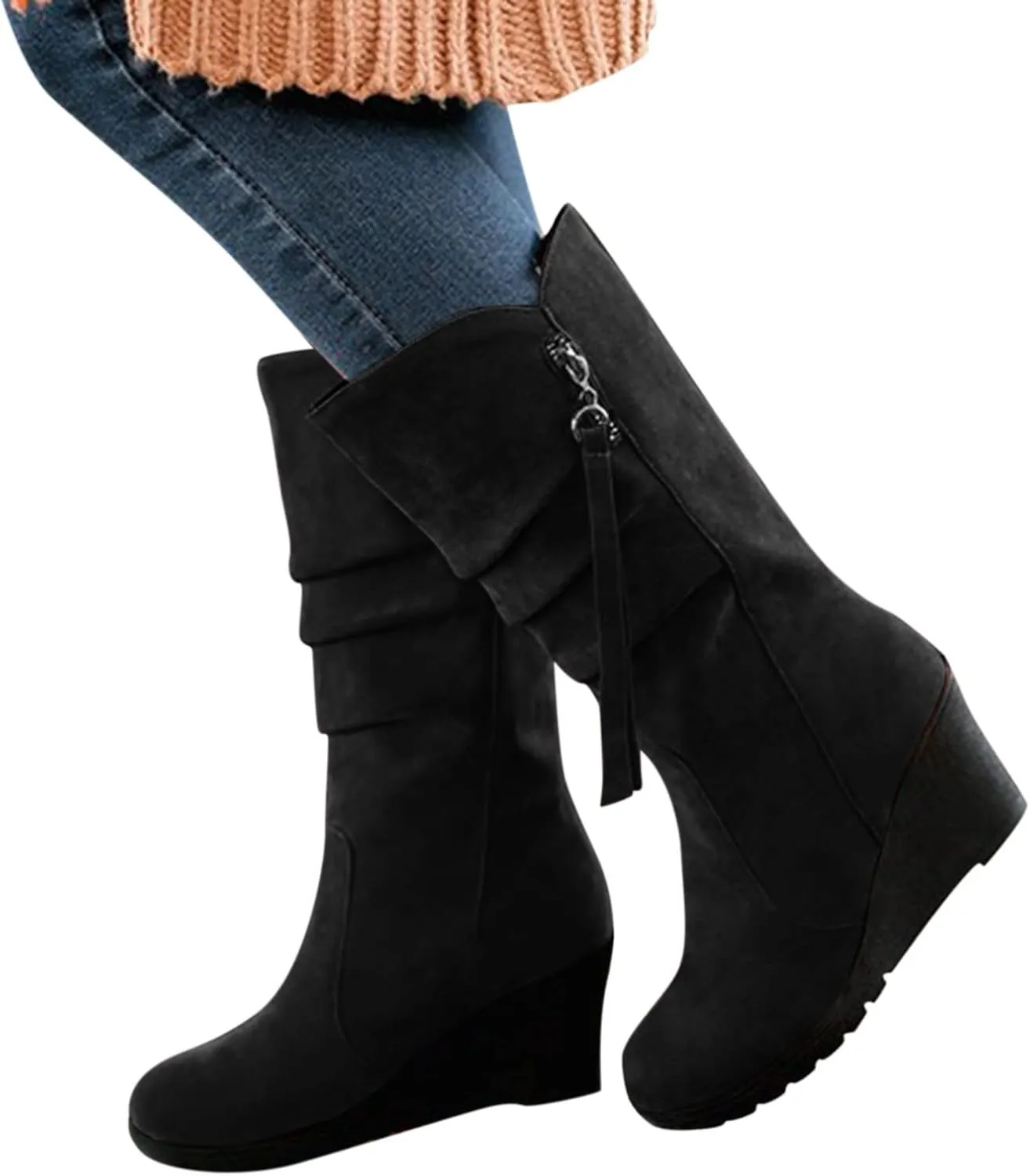 AMDBEL Wide Calf Boots for Women Wedge Heel Womens Fall Boots 2024 Winter Zipper Platform Boots Fashion Booties Shoes